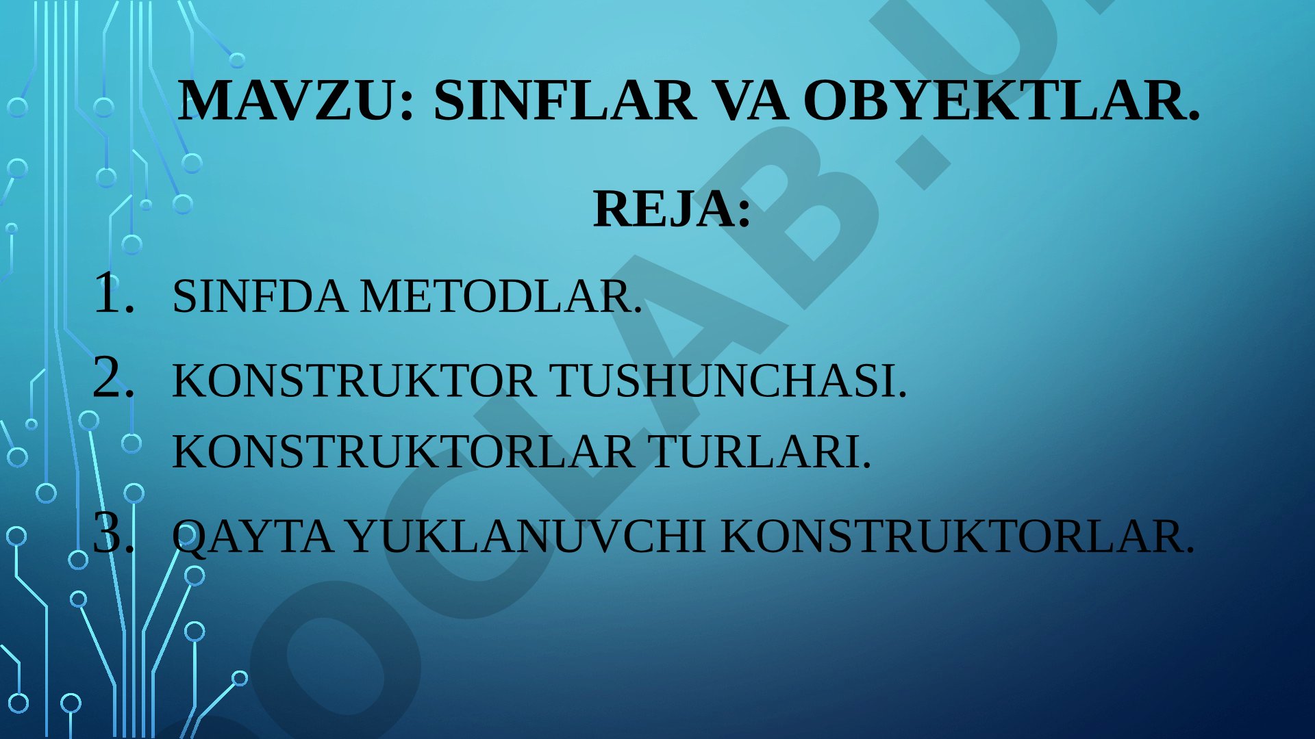 C# dasturlash tilida sinflar, obyektlar, metodlar va konstruktorlar haqida taqdimot