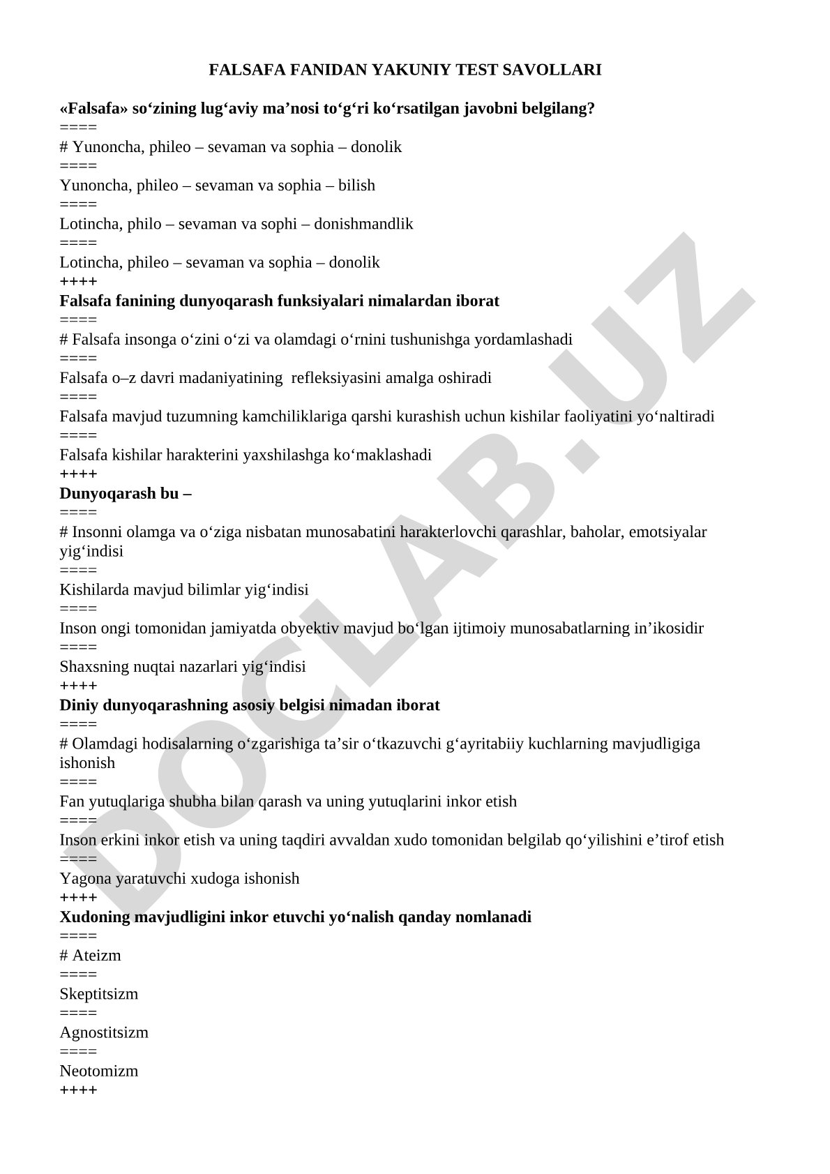 Falsafa fanidan yakuniy test savollari
