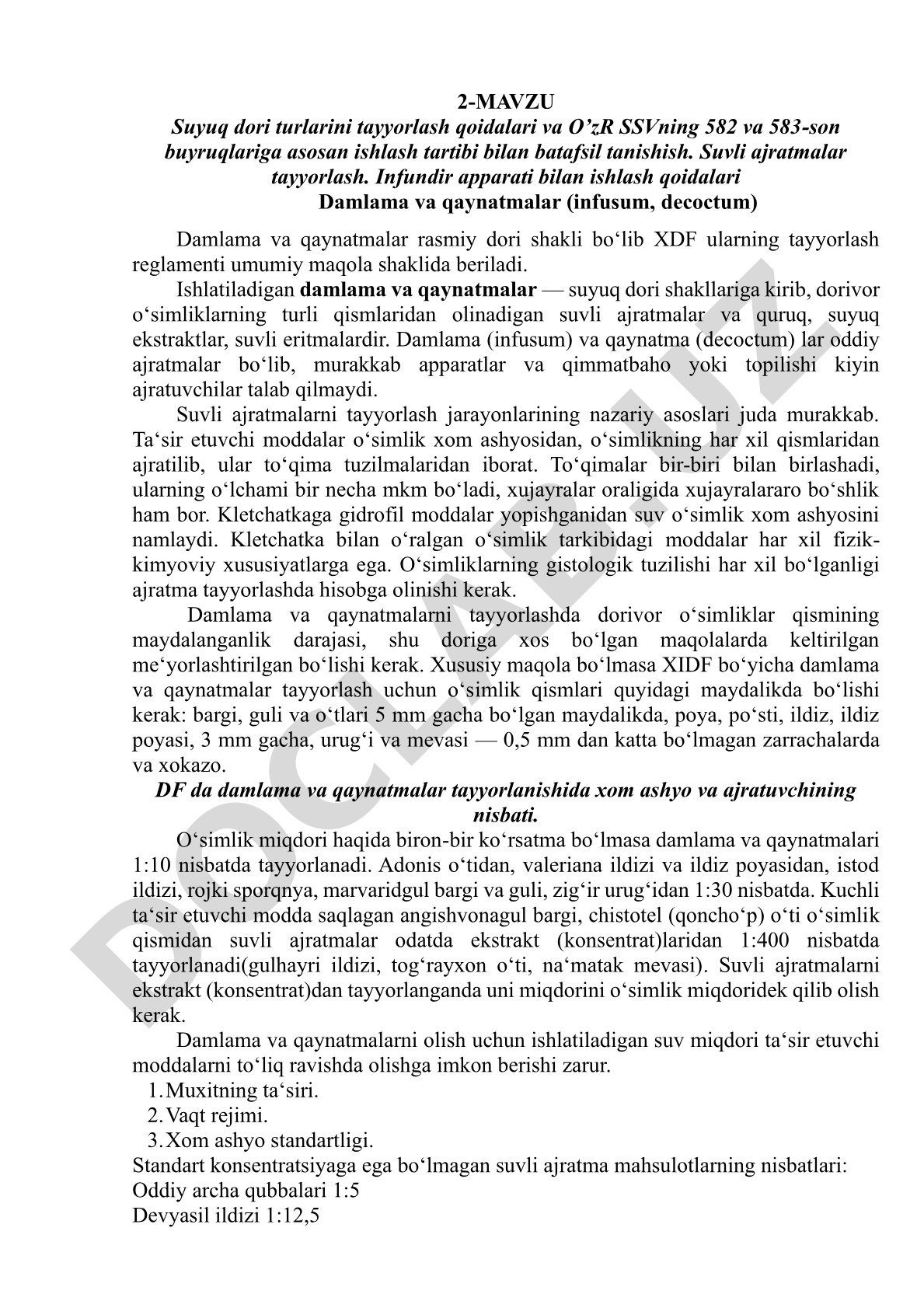 2-MAVZU Suyuq dori turlarini tayyorlash qoidalari va O’zR SSVning 582 va 583-son buyruqlariga asosan