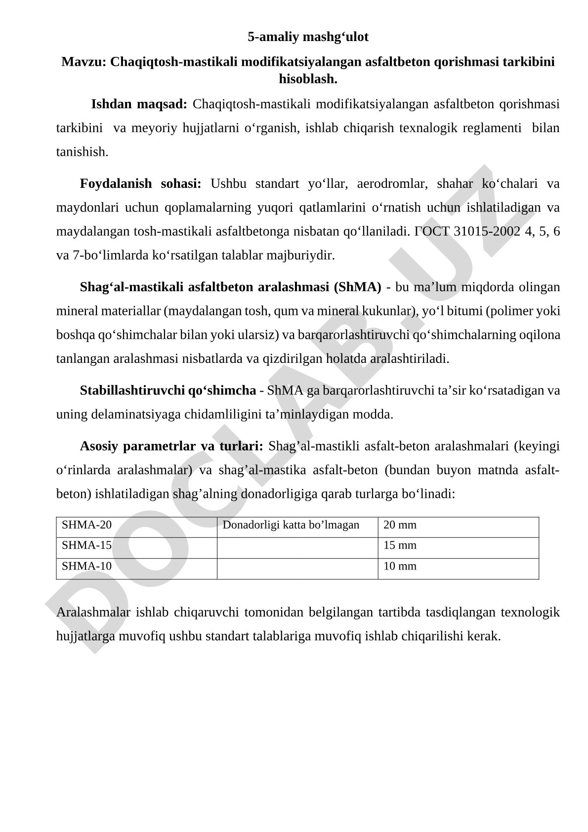 Chaqiqtosh-mastikali modifikatsiyalangan asfaltbeton qorishmasi tarkibini hisoblash