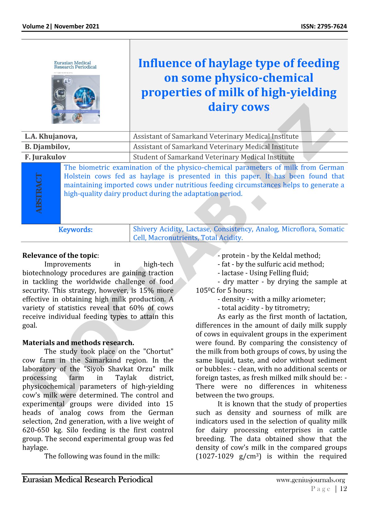 Physicochemical parameters of high-yielding cow's milk