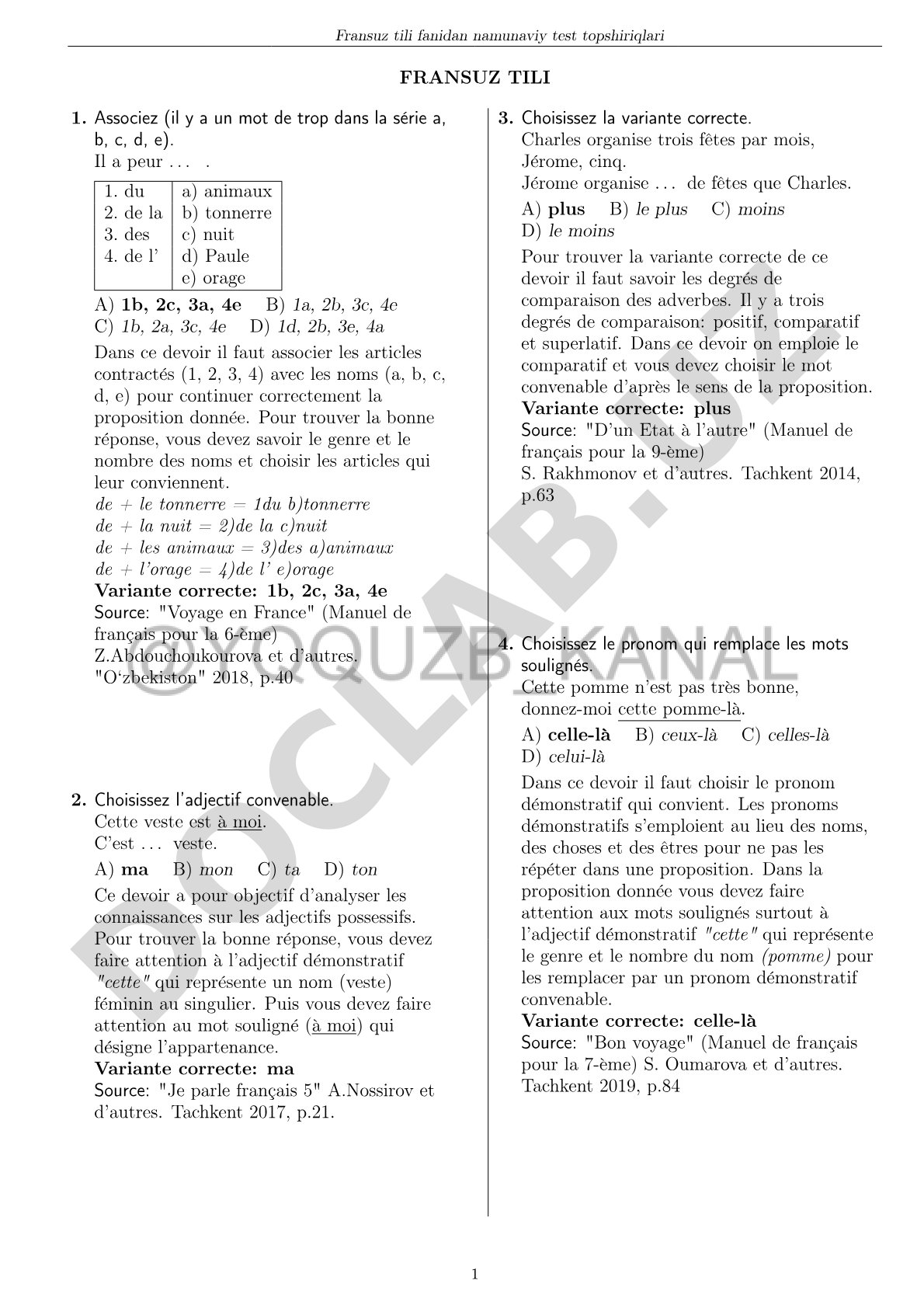 Fransuz tili fanidan namunaviy test topshiriqlari