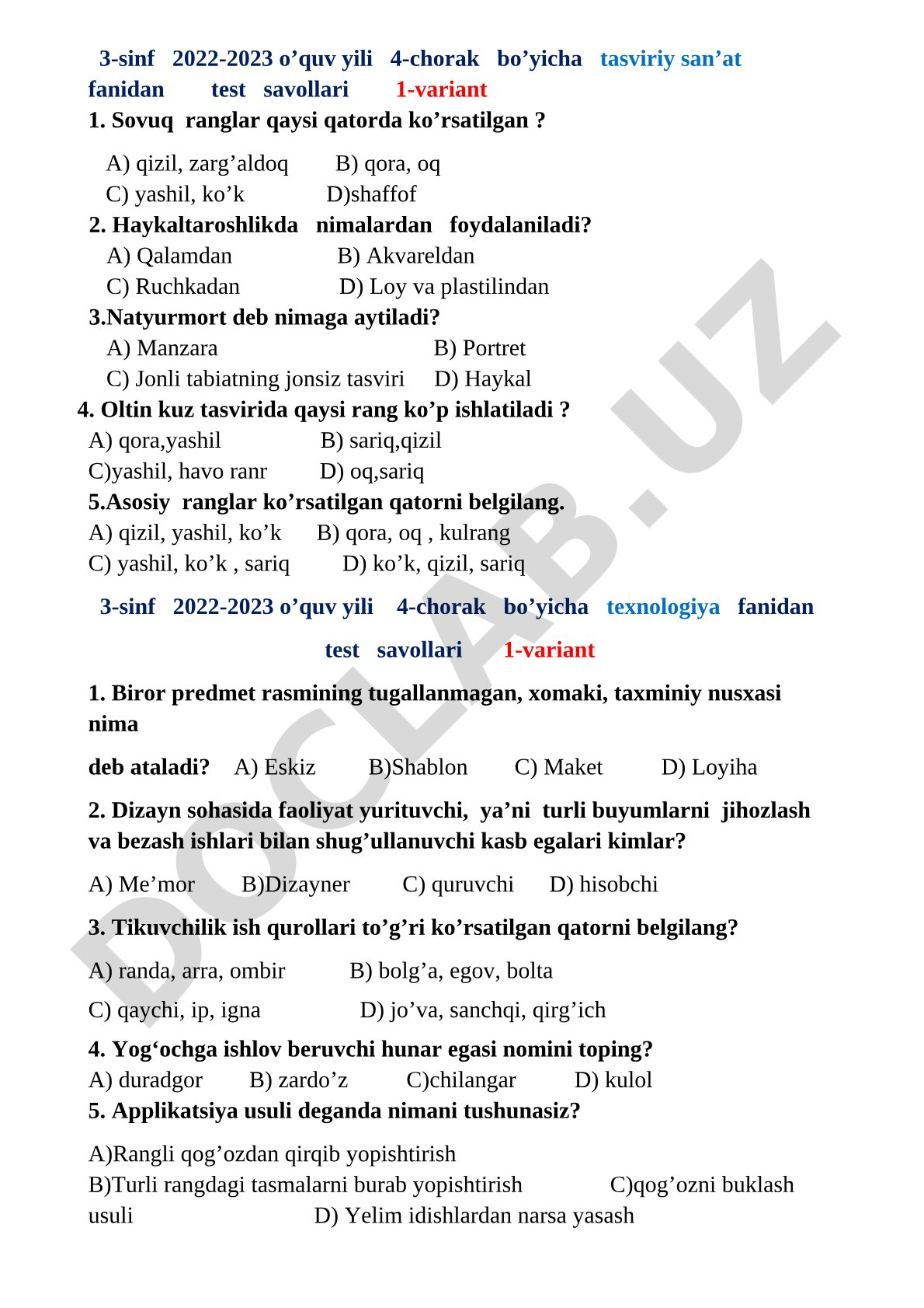 3-sinf 4-chorak tasviriy san'at va texnologiya fanlaridan test savollari
