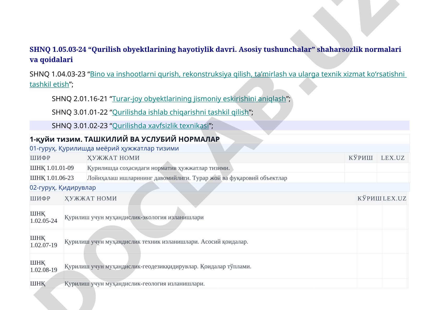 SHNQ 1.05.03-24 “Qurilish obyektlarining hayotiylik davri. Asosiy tushunchalar” shaharsozlik normalari va qoidalari