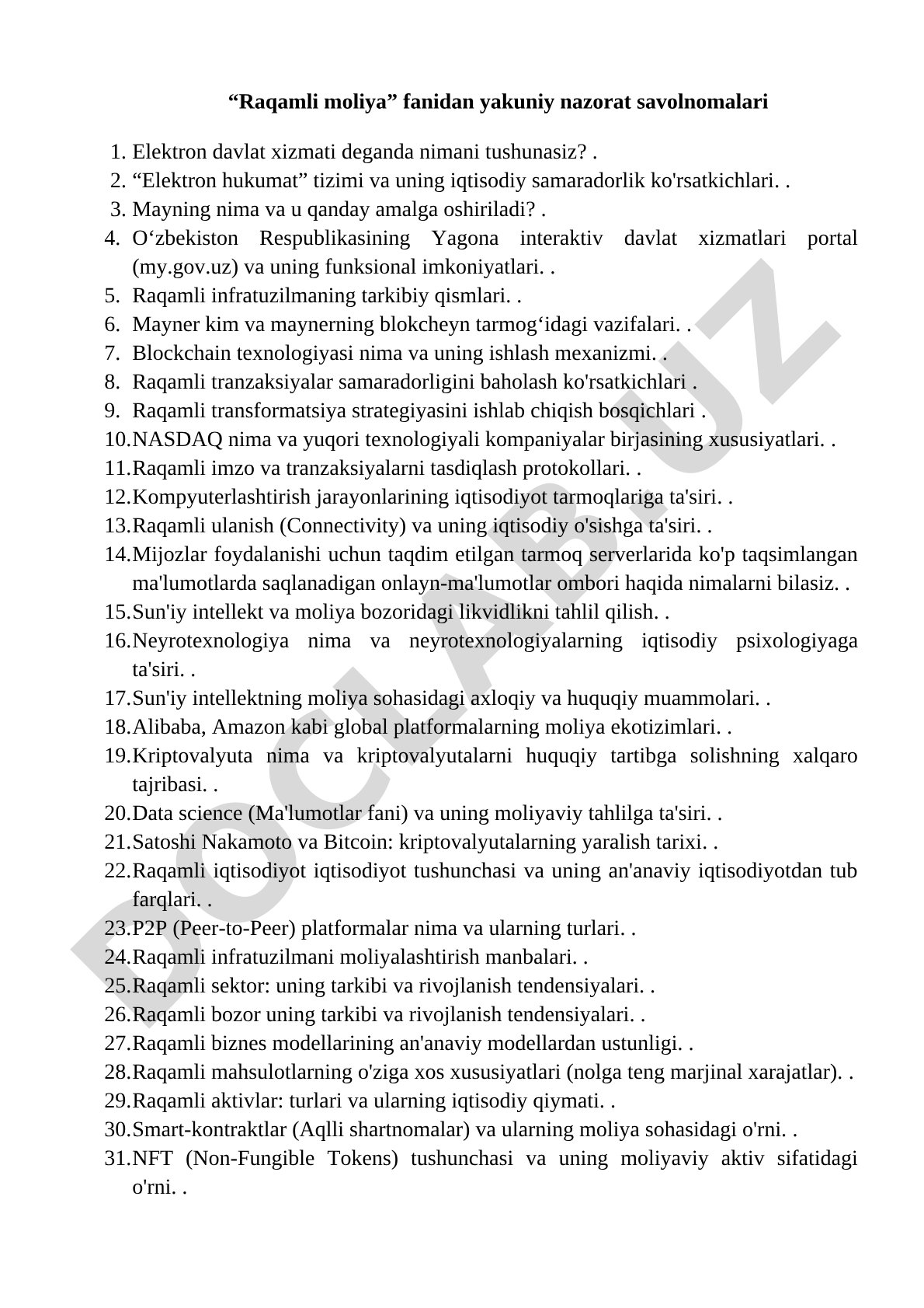 Raqamli moliya fanidan yakuniy nazorat savolnomalari