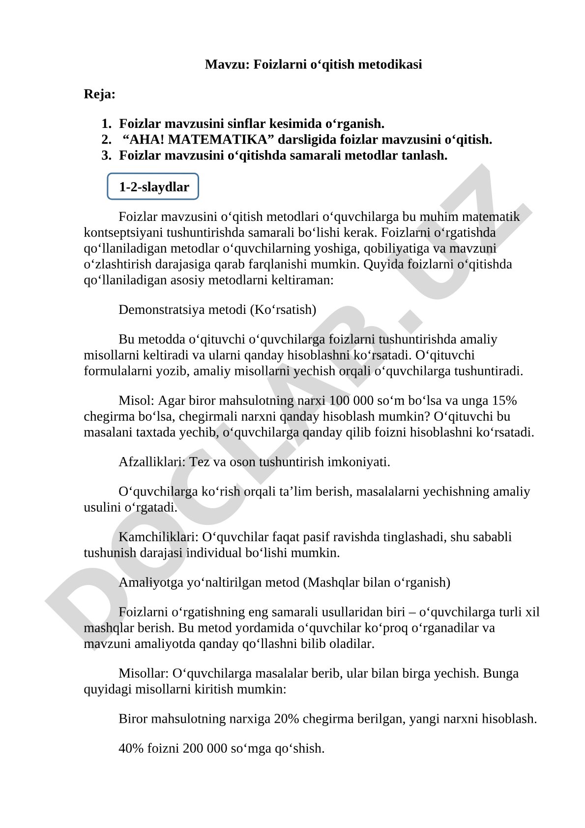 Foizlarni o‘qitish metodikasi