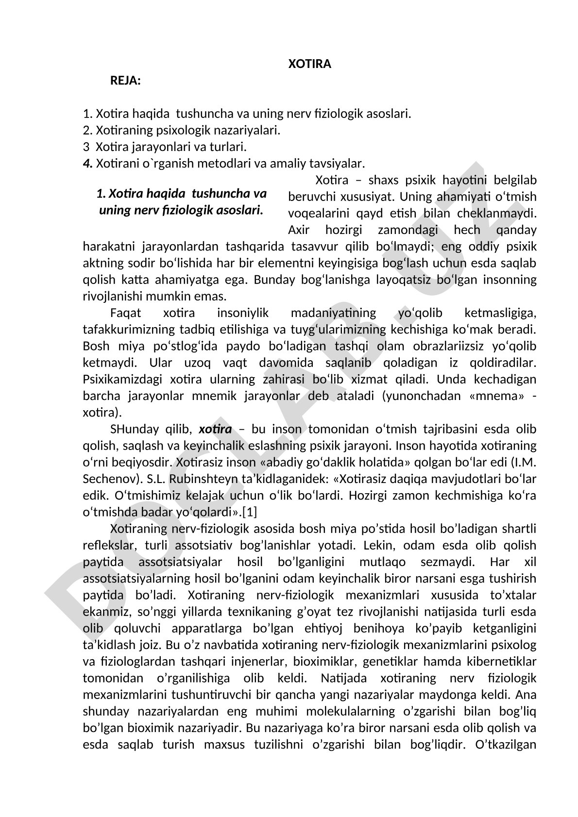 Xotira: tushunchasi, fiziologik asoslari va psixologik nazariyalari
