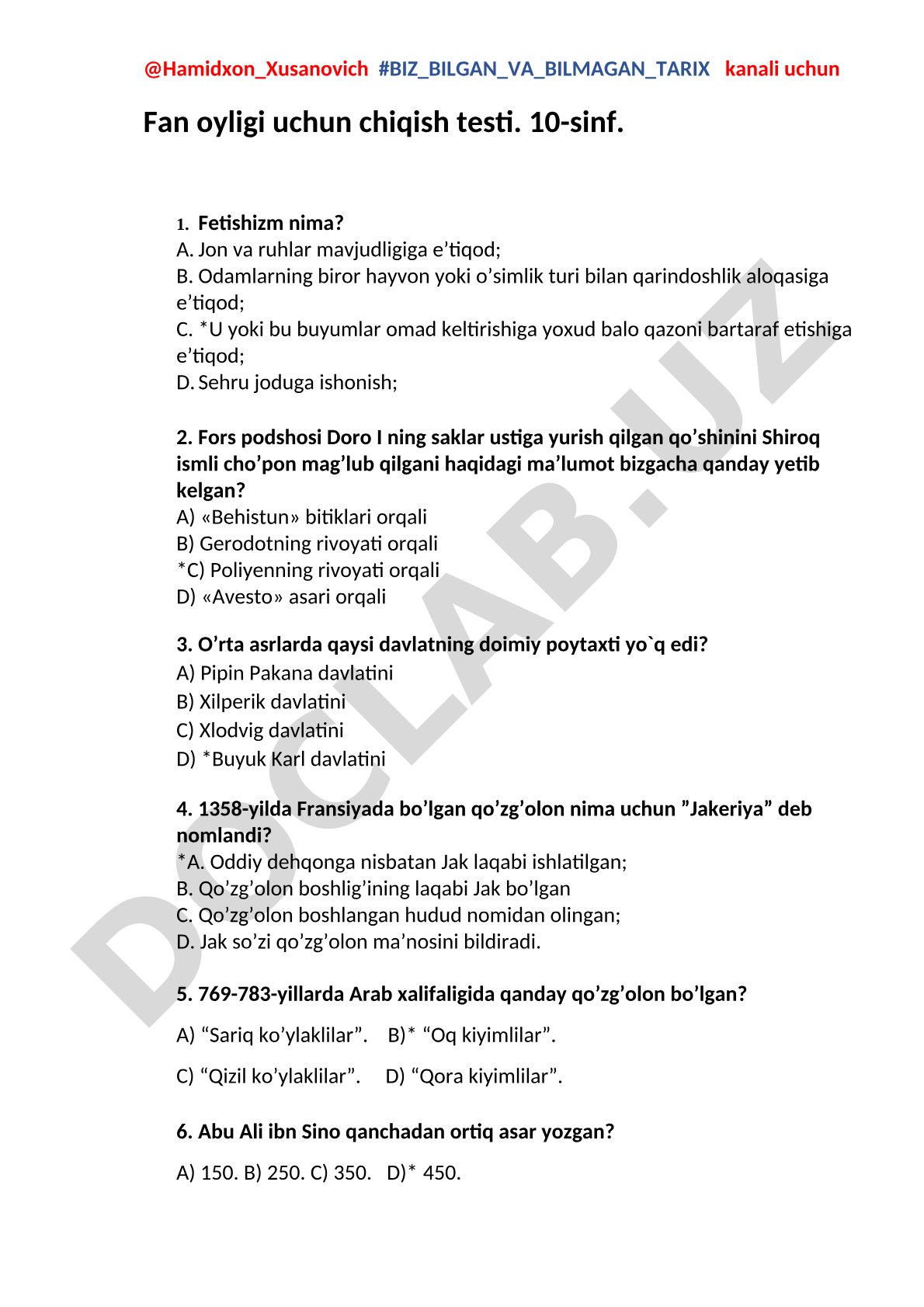 10-sinf tarix fanidan test savollari