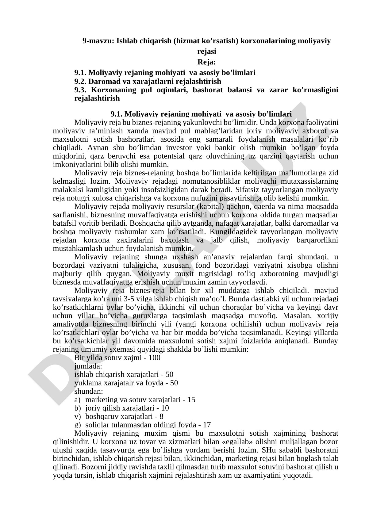 Ishlab chiqarish (hizmat ko’rsatish) korxonalarining moliyaviy rejasi