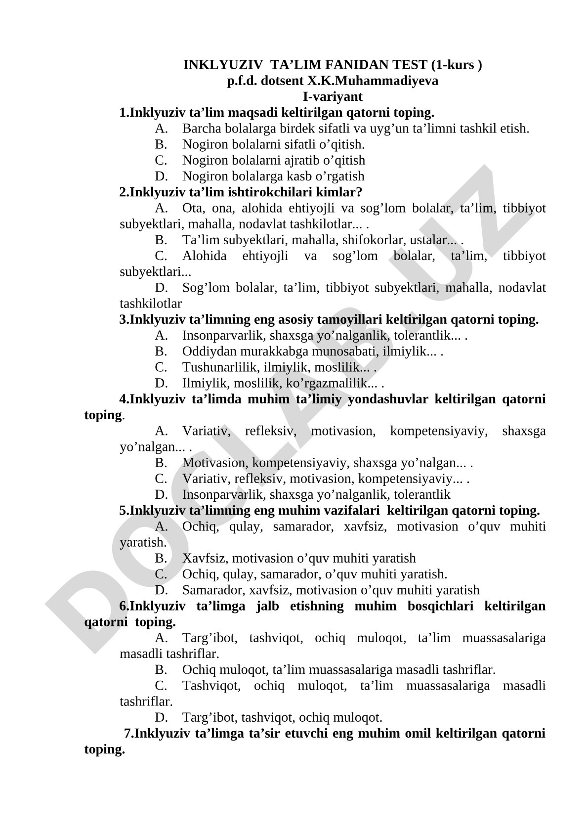 Inklyuziv ta’lim fanidan test