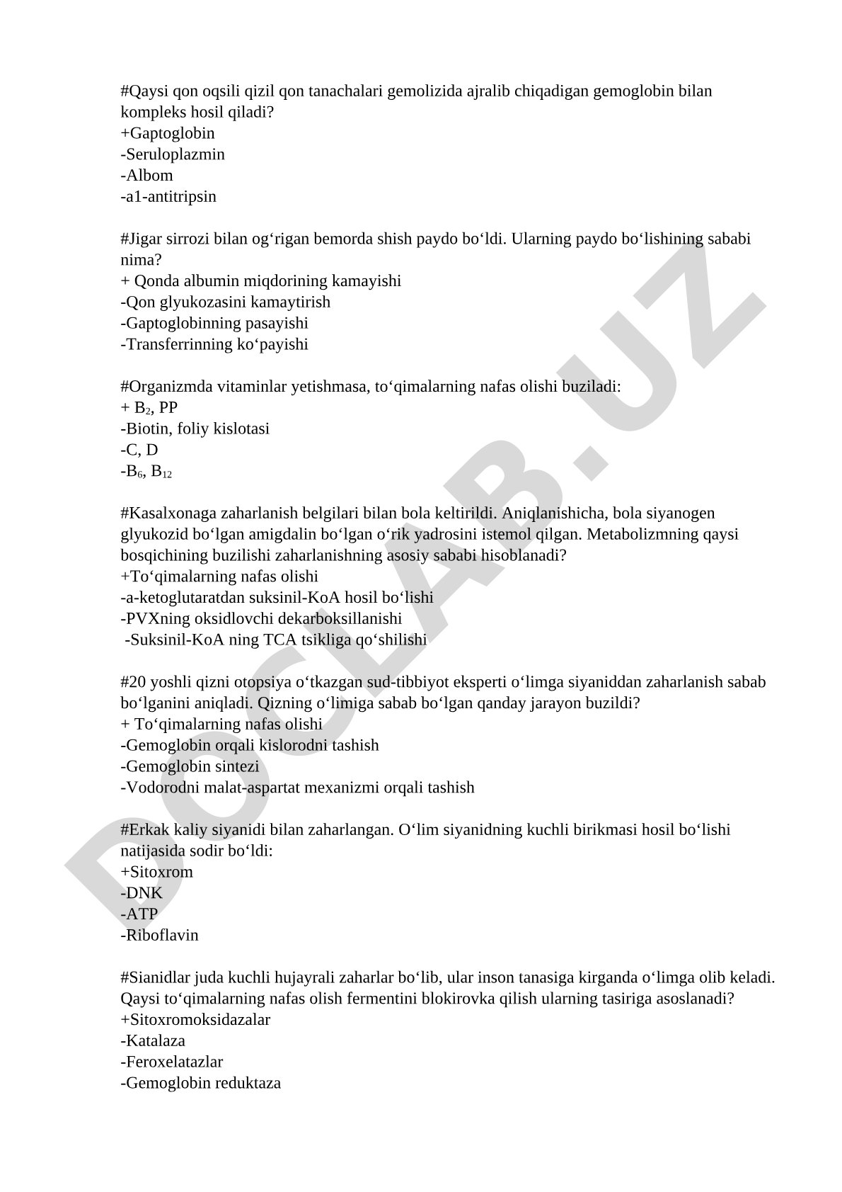 Klinik biokimyo bo'yicha test savollari