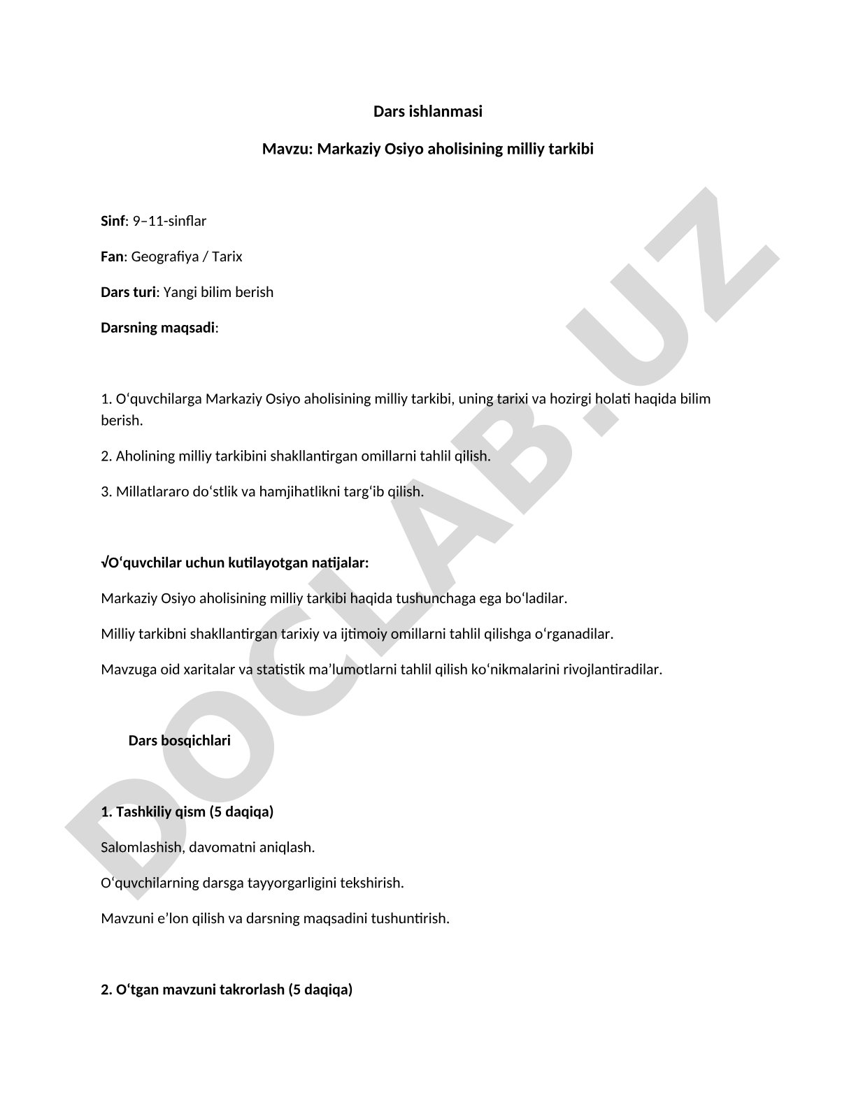 Markaziy Osiyo aholisining milliy tarkibi