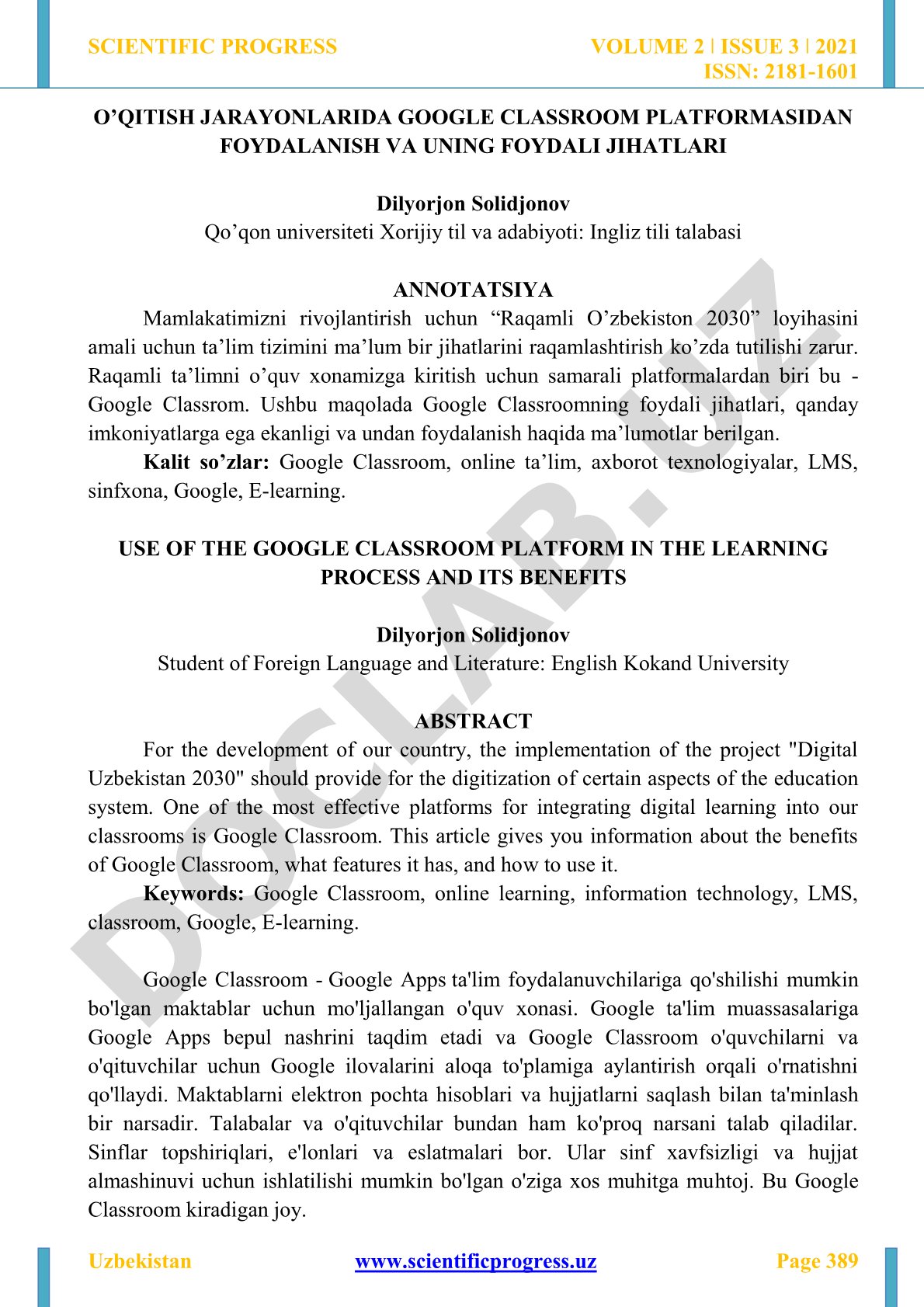 O’qitish jarayonlarida Google Classroom platformasidan foydalanish va uning foydali jihatlari