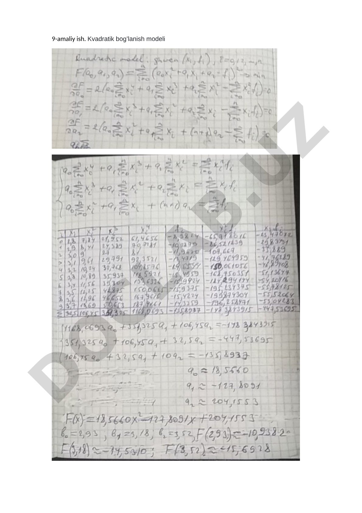 Kvadratik bog’lanish modeli uchun x va y qiymatlari jadvali