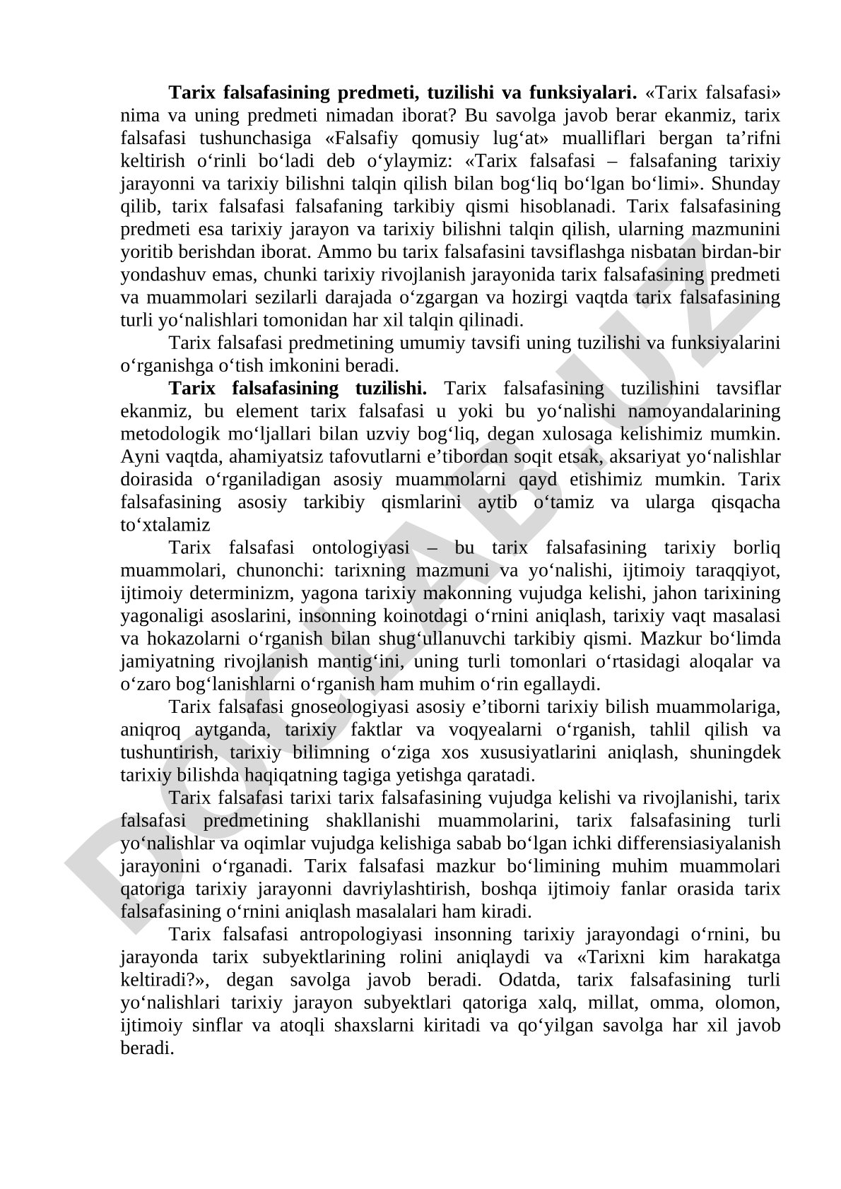 Tarix falsafasining predmeti, tuzilishi va funksiyalari