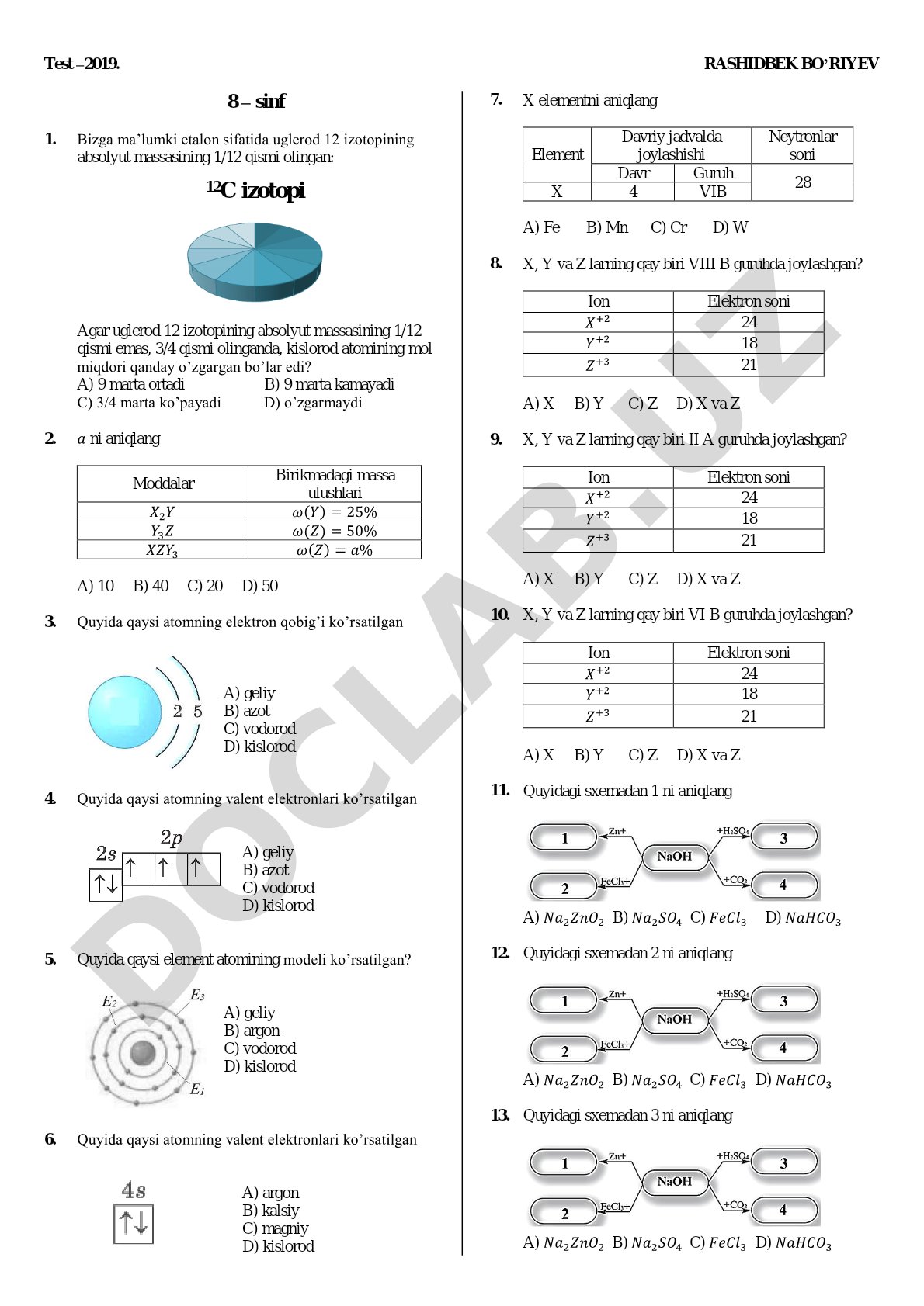 Test –2019. Rashidbek Bo’riyev 8 – sinf
