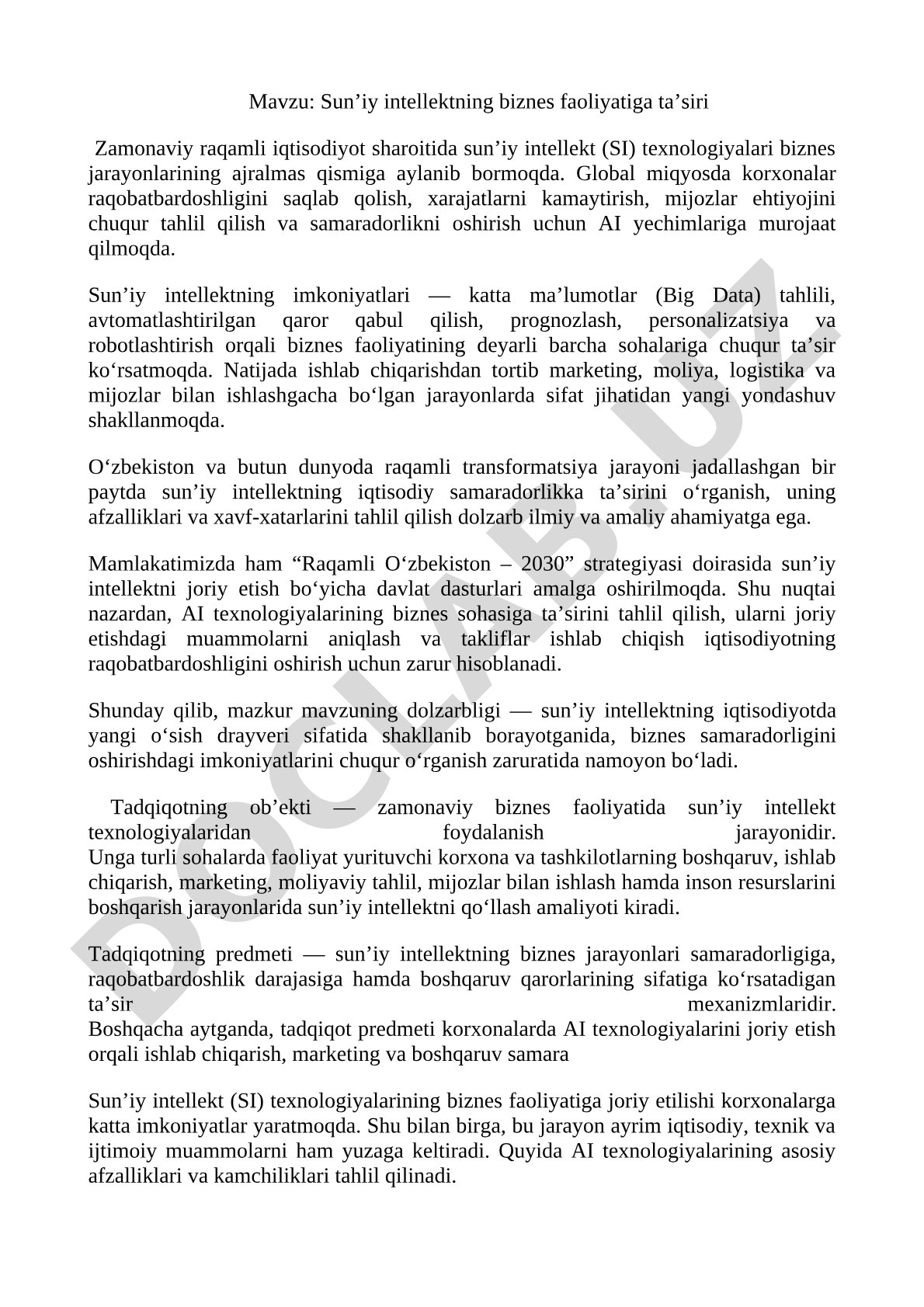 Sun’iy intellektning biznes faoliyatiga ta’siri
