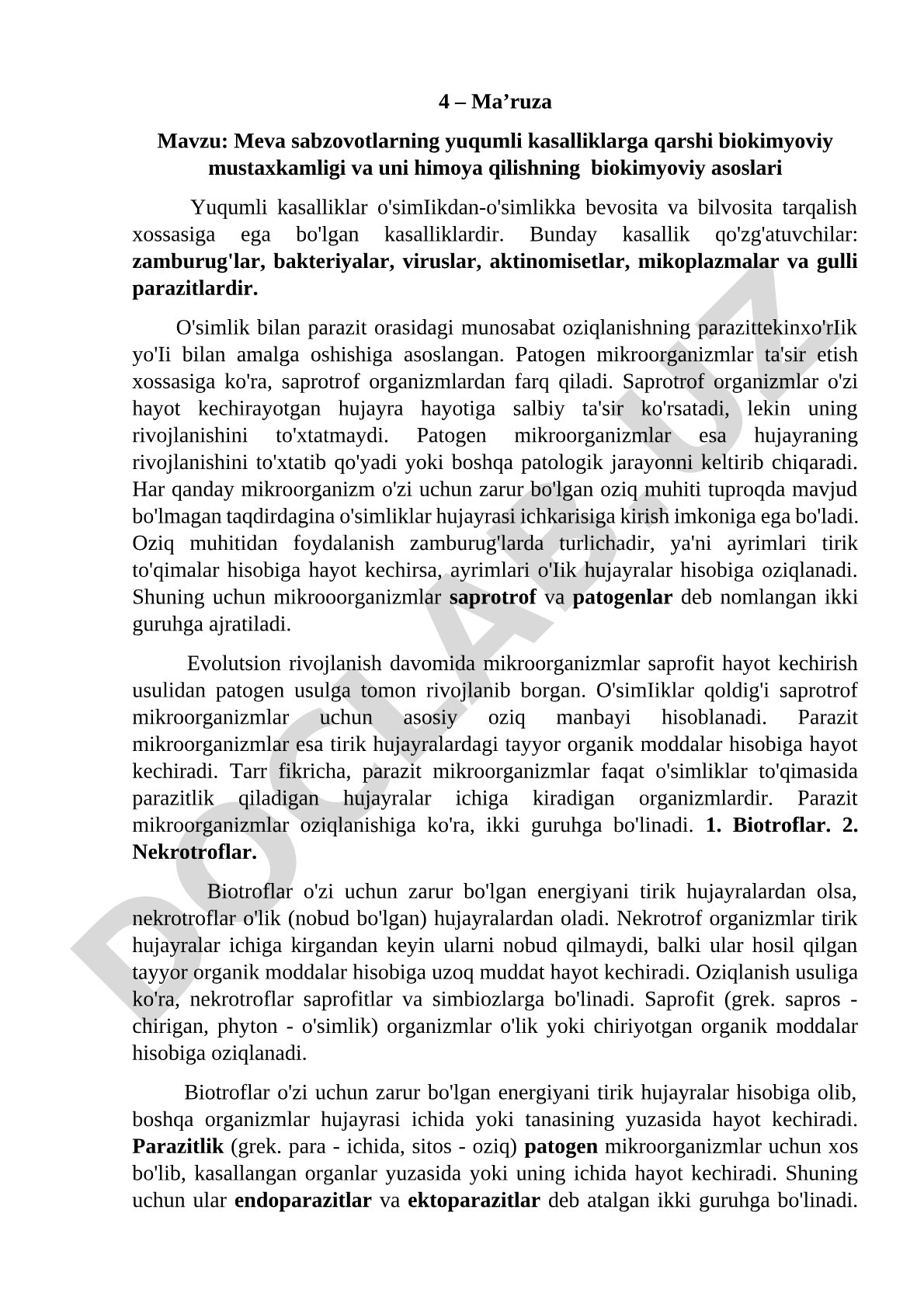Meva sabzovotlarning yuqumli kasalliklarga qarshi biokimyoviy mustaxkamligi va uni himoya qilishning biokimyoviy asoslari