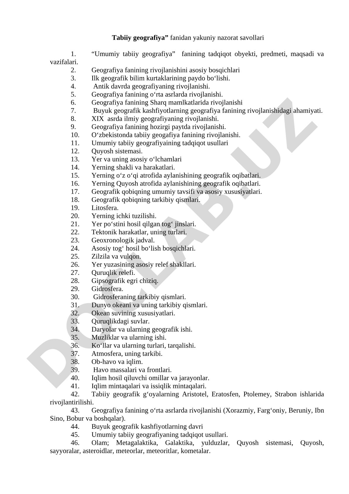 Tabiiy geografiya fanidan yakuniy nazorat savollari