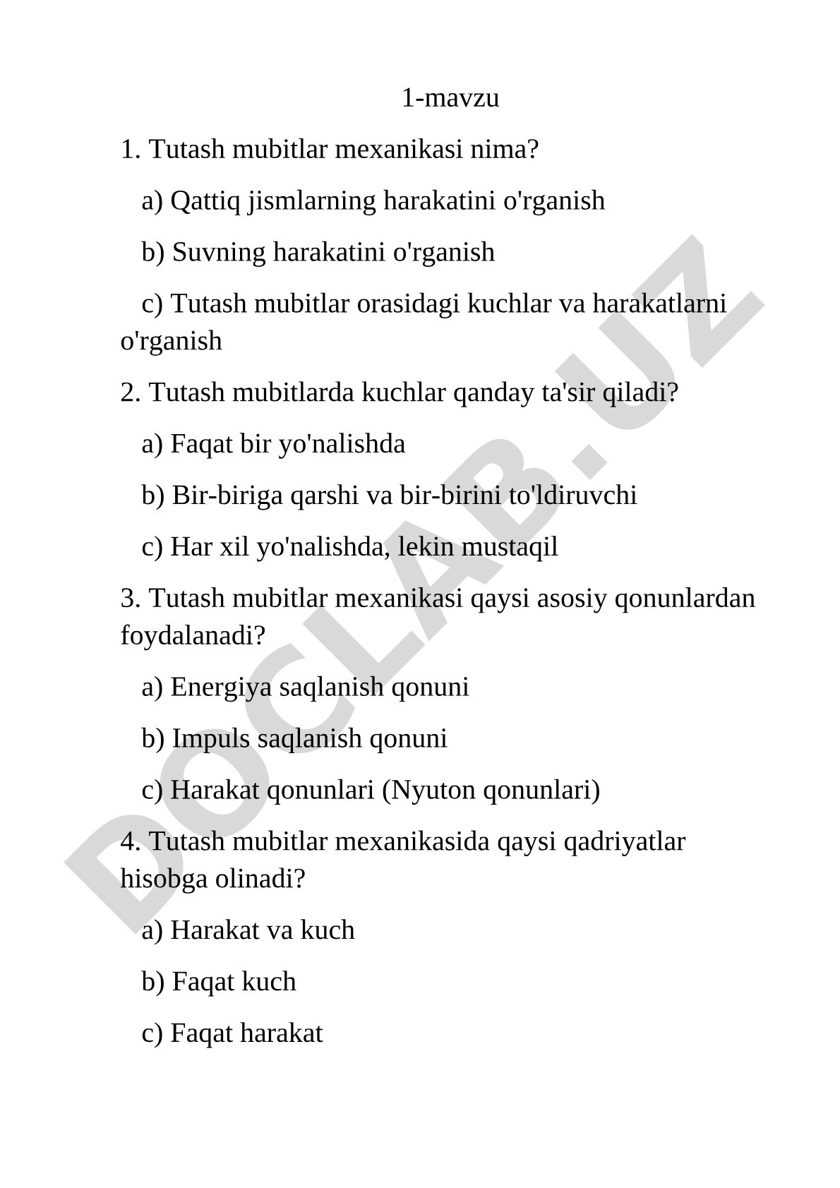 Tutash mubitlar mexanikasi mavzusida test savollari