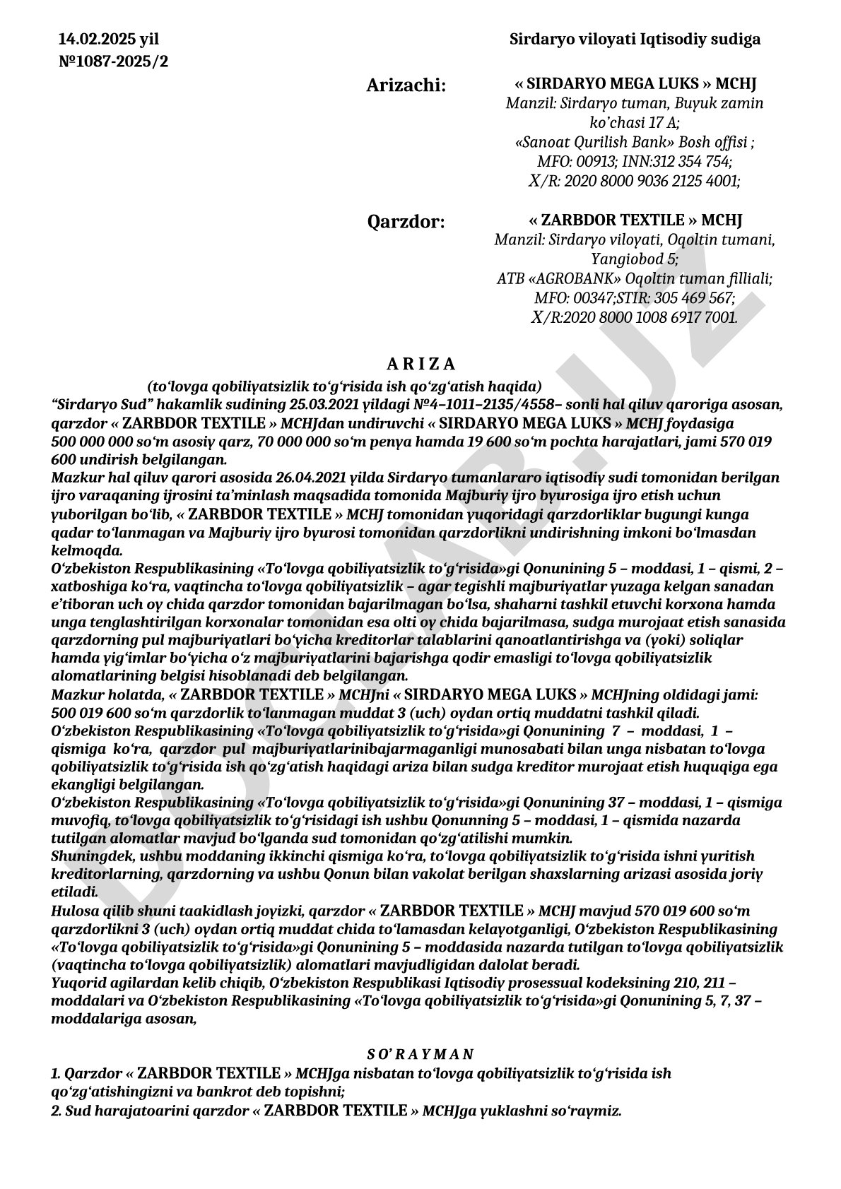 To'lovga qobiliyatsizlik to'g'risida ish qo'zg'atish haqida ariza