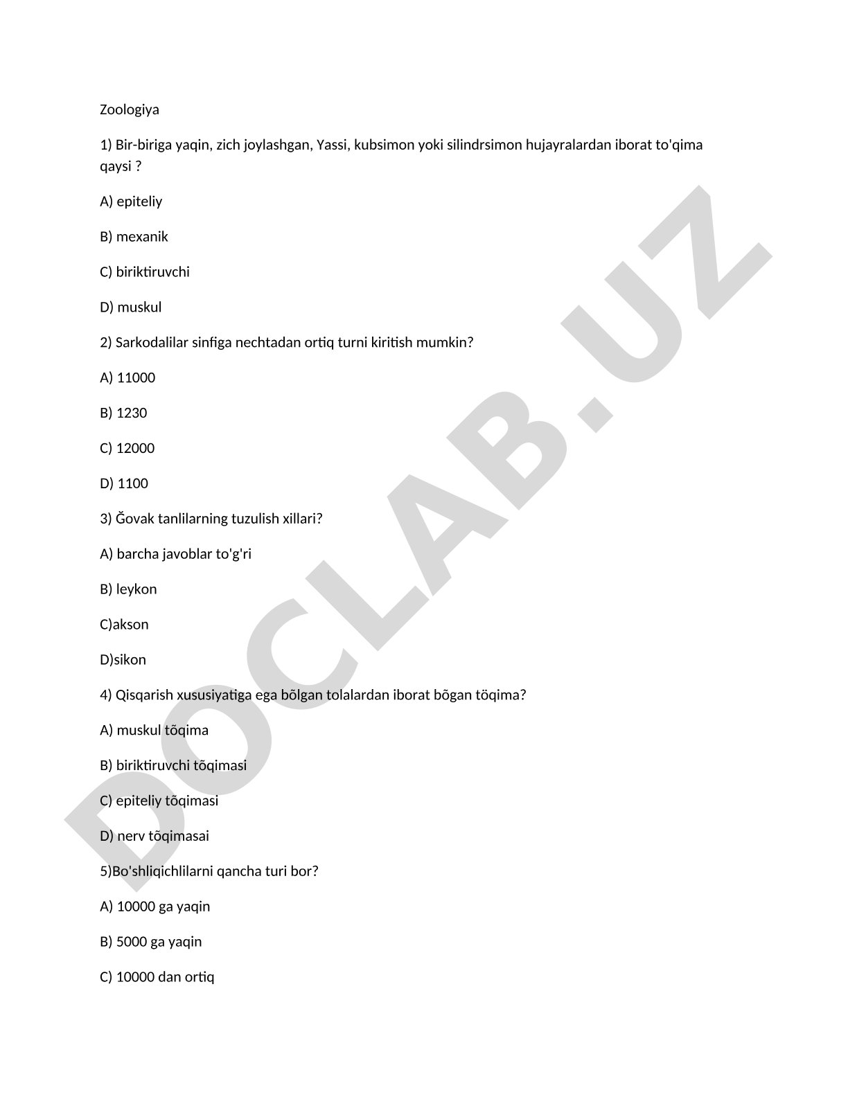 Zoologiya fanidan test savollari
