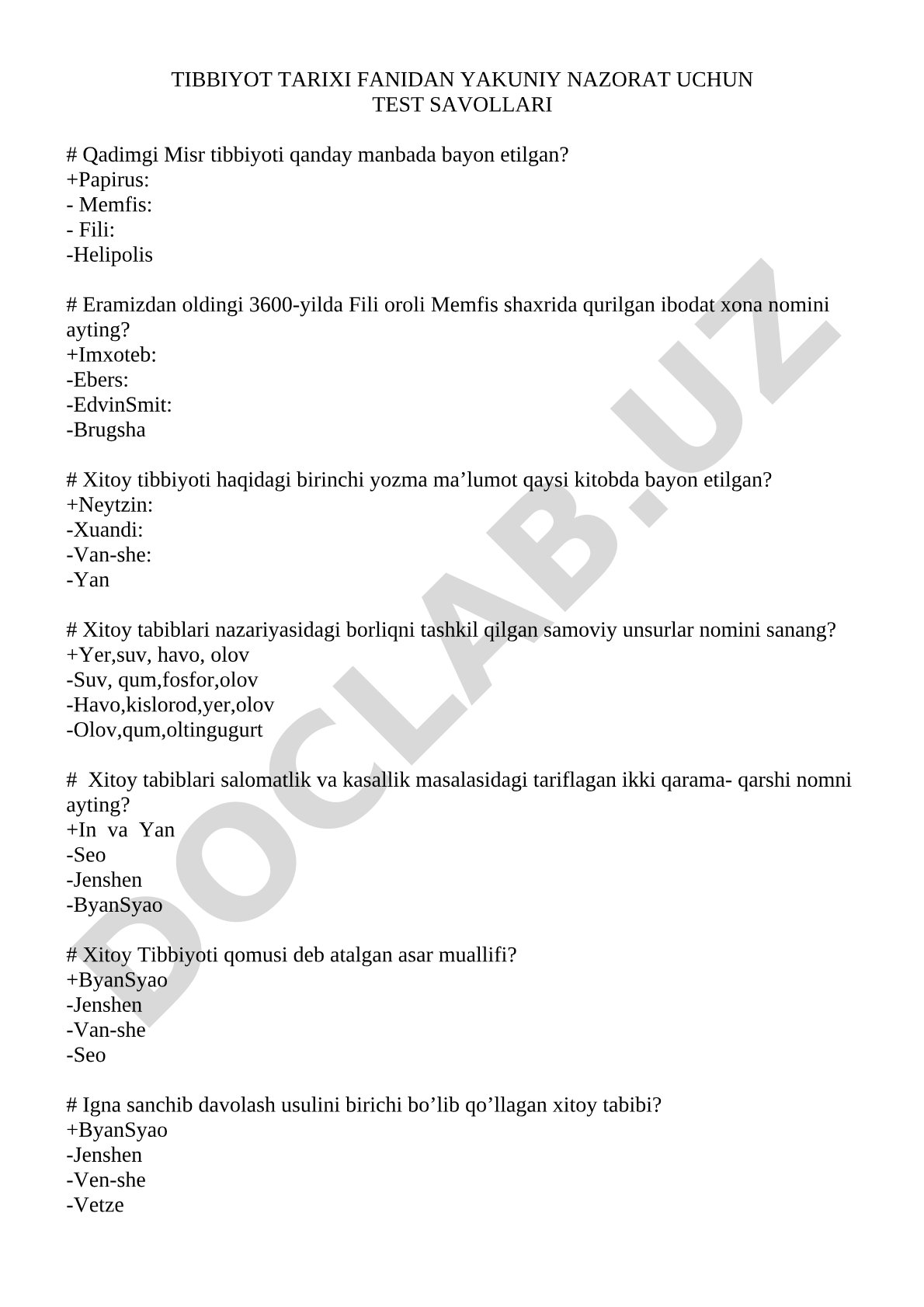 Tibbiyot tarixi fanidan yakuniy nazorat uchun test savollari