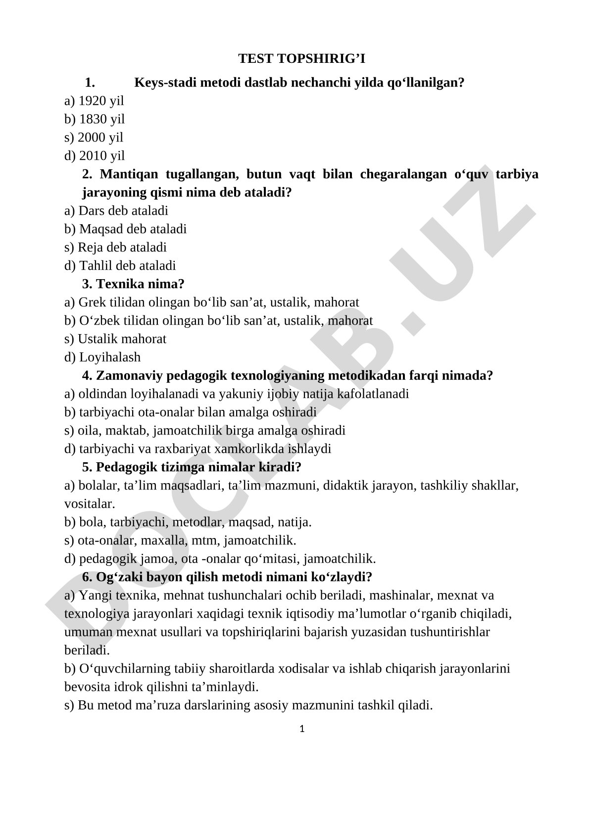 Pedagogik texnologiya va metodika testi