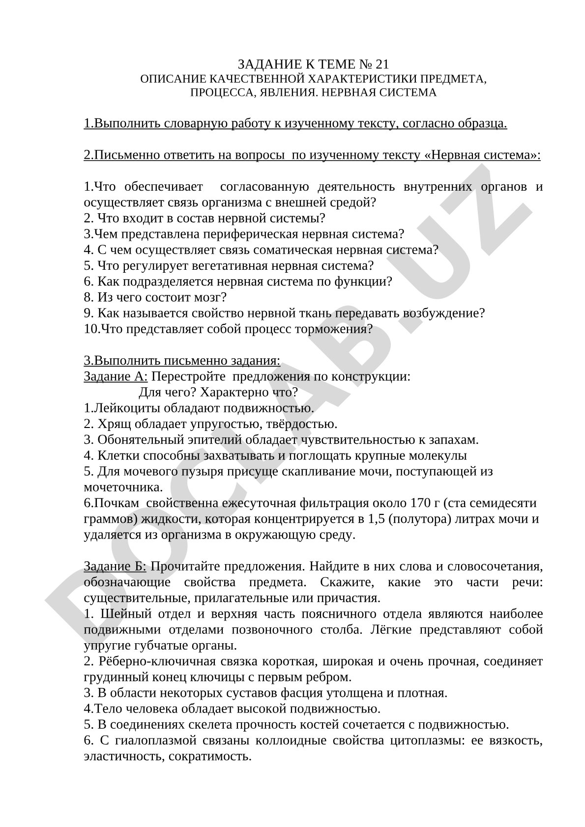 Описание качественной характеристики предмета, процесса, явления. Нервная система