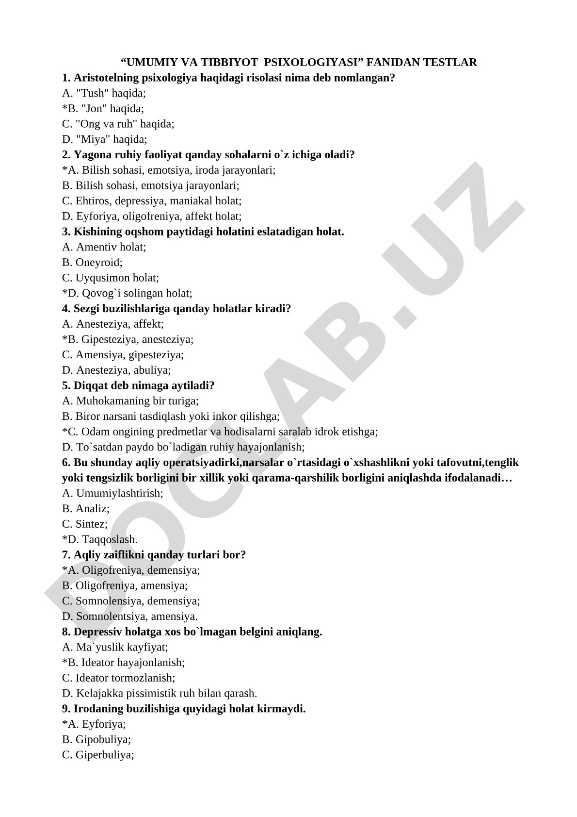 Umumiy va tibbiyot psixologiyasi fanidan testlar