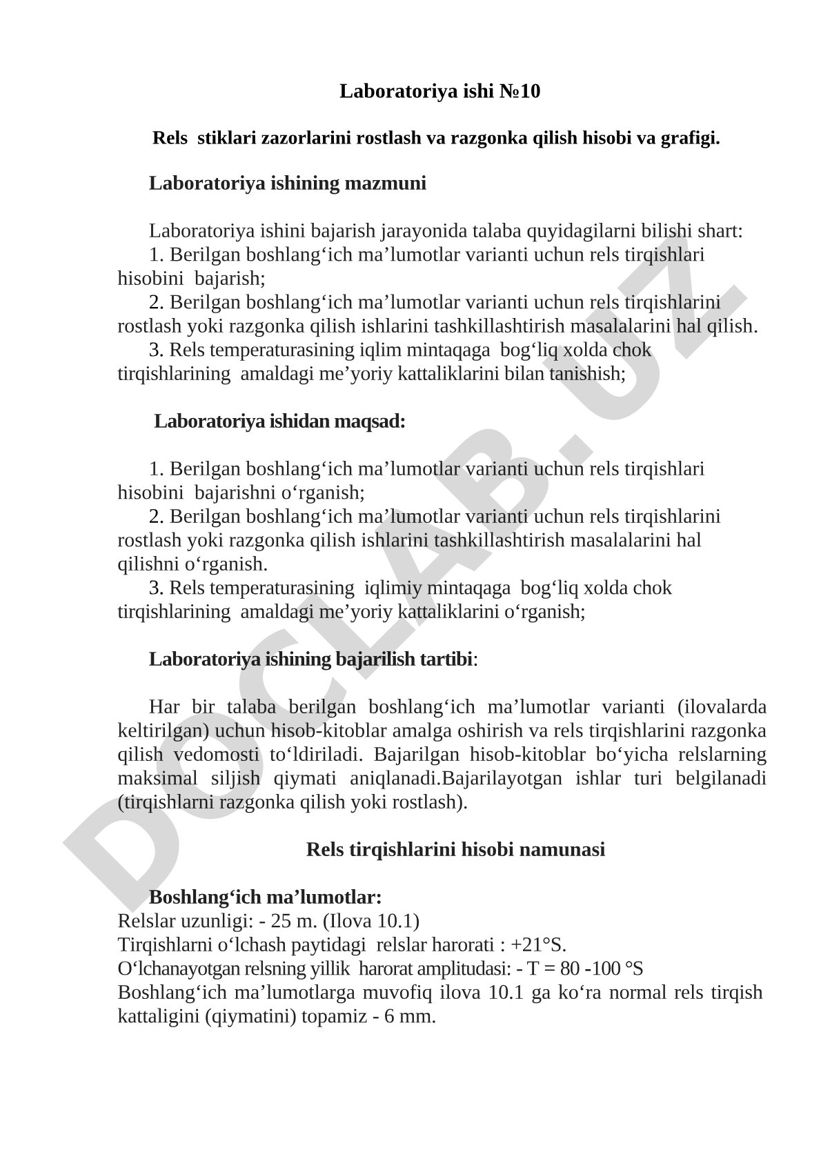 Rels stiklari zazorlarini rostlash va razgonka qilish hisobi va grafigi