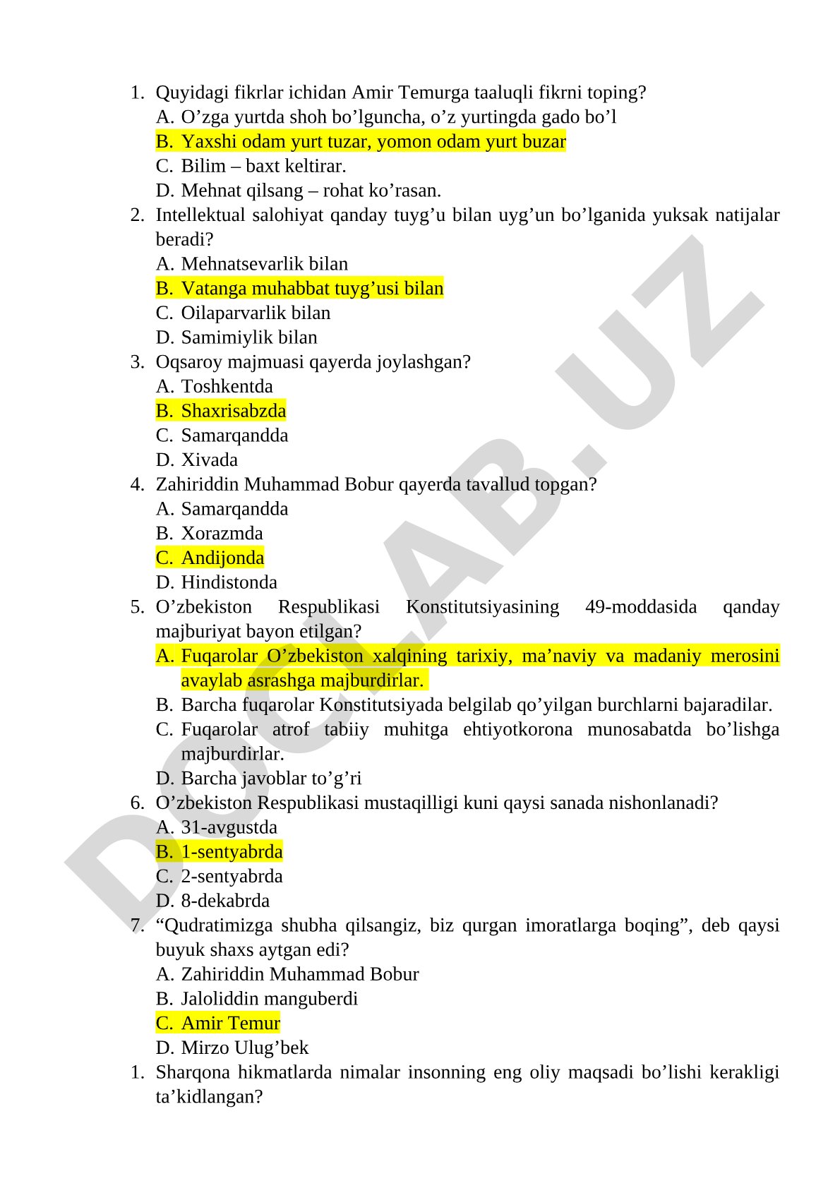 O'zbekiston tarixi va konstitutsiyasi bo'yicha test savollari