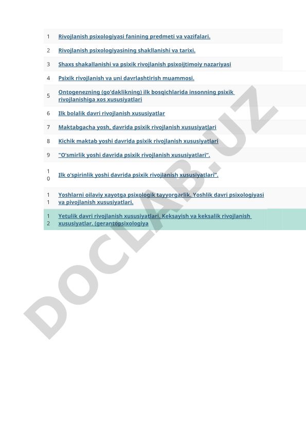 Rivojlanish psixologiyasi fanining predmeti, vazifalari va ontogenez bosqichlari