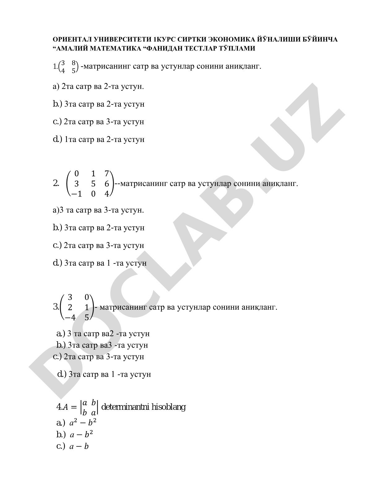 Amaliy matematika fanidan testlar to'plami