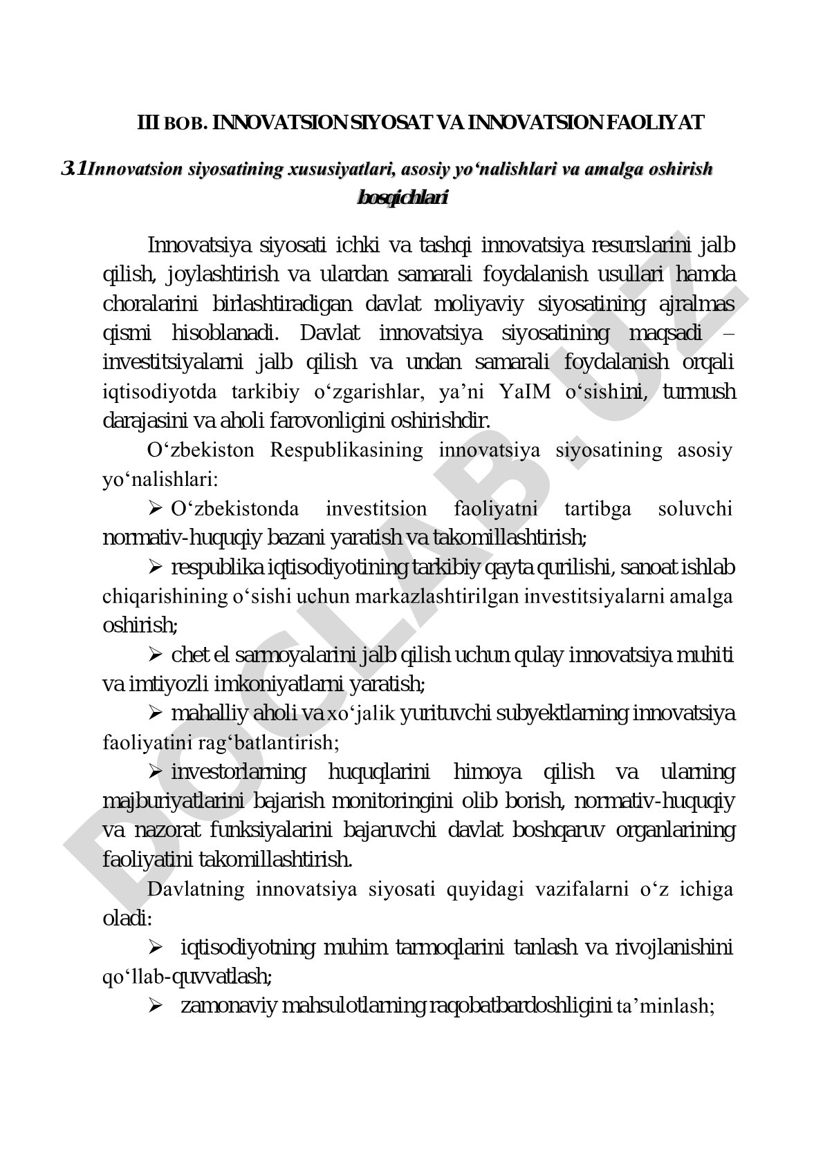 Innovatsion siyosatining xususiyatlari, asosiy yo‘nalishlari va amalga oshirish bosqichlari