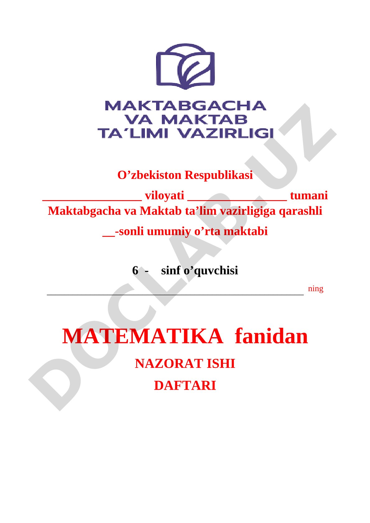 Matematika fanidan nazorat ishi daftari
