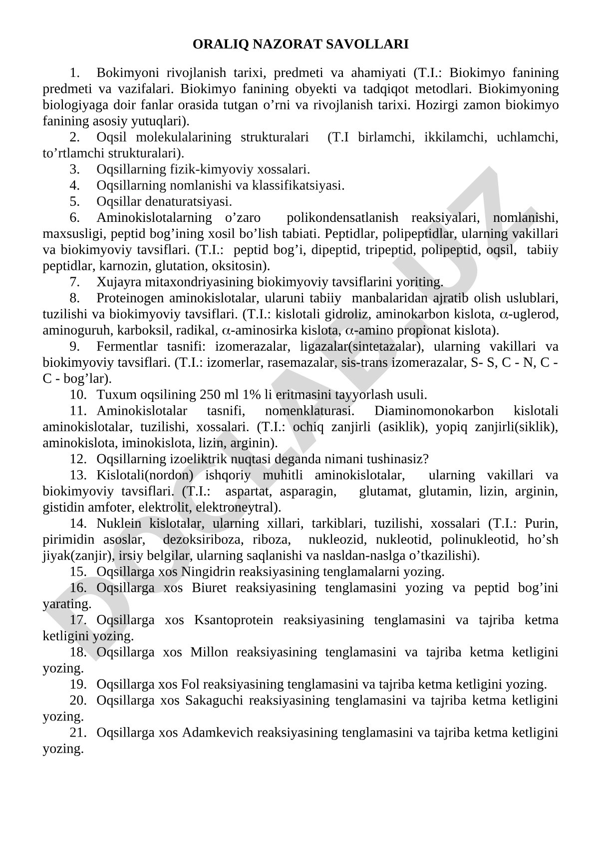 Biokimyo fanidan oraliq nazorat savollari