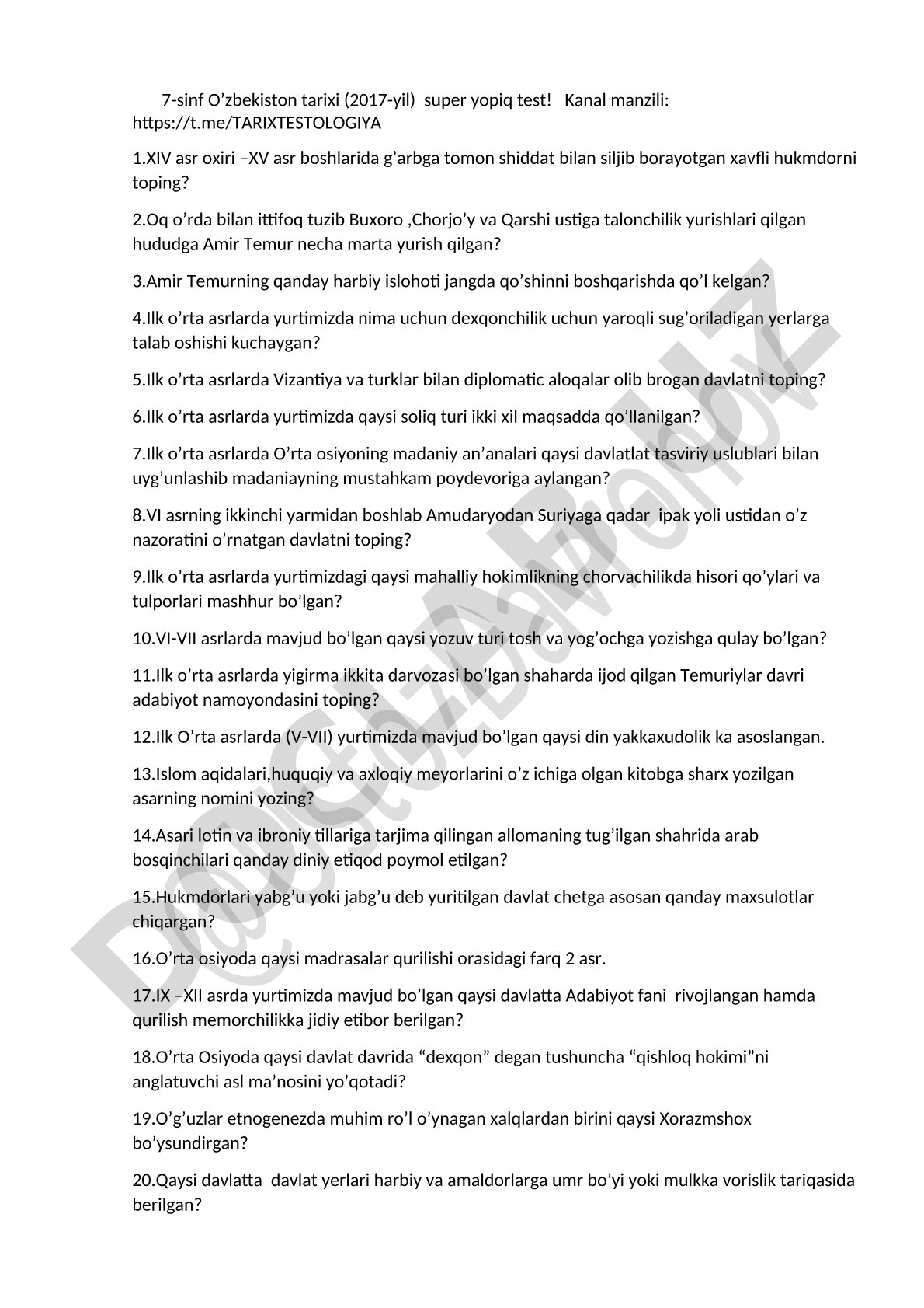 7-sinf O'zbekiston tarixi test savollari