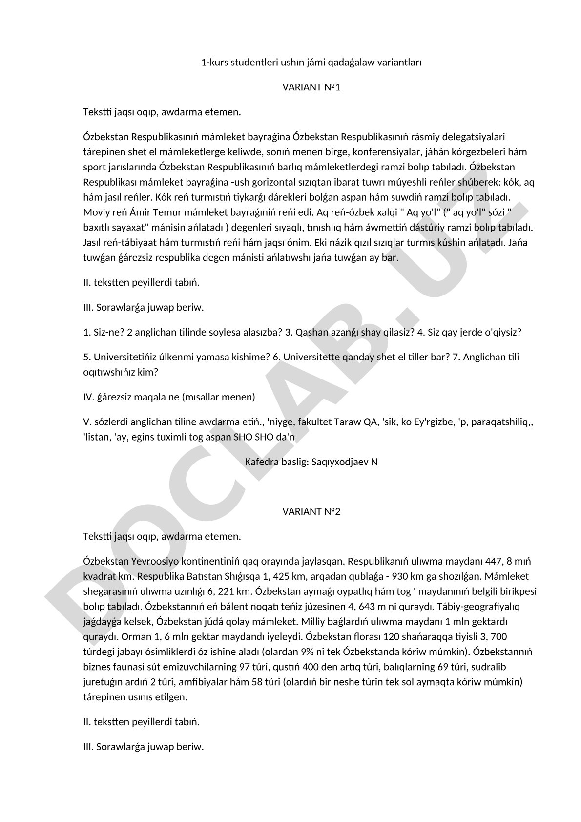 1-kurs studentleri ushın jámi qadaǵalaw variantları