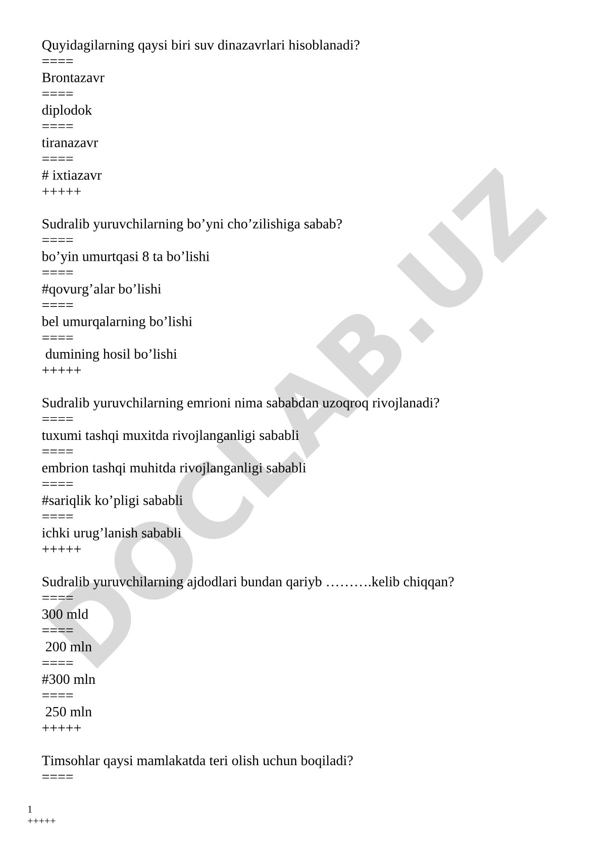 Dinozavrlar va sudralib yuruvchilar haqida test savollari