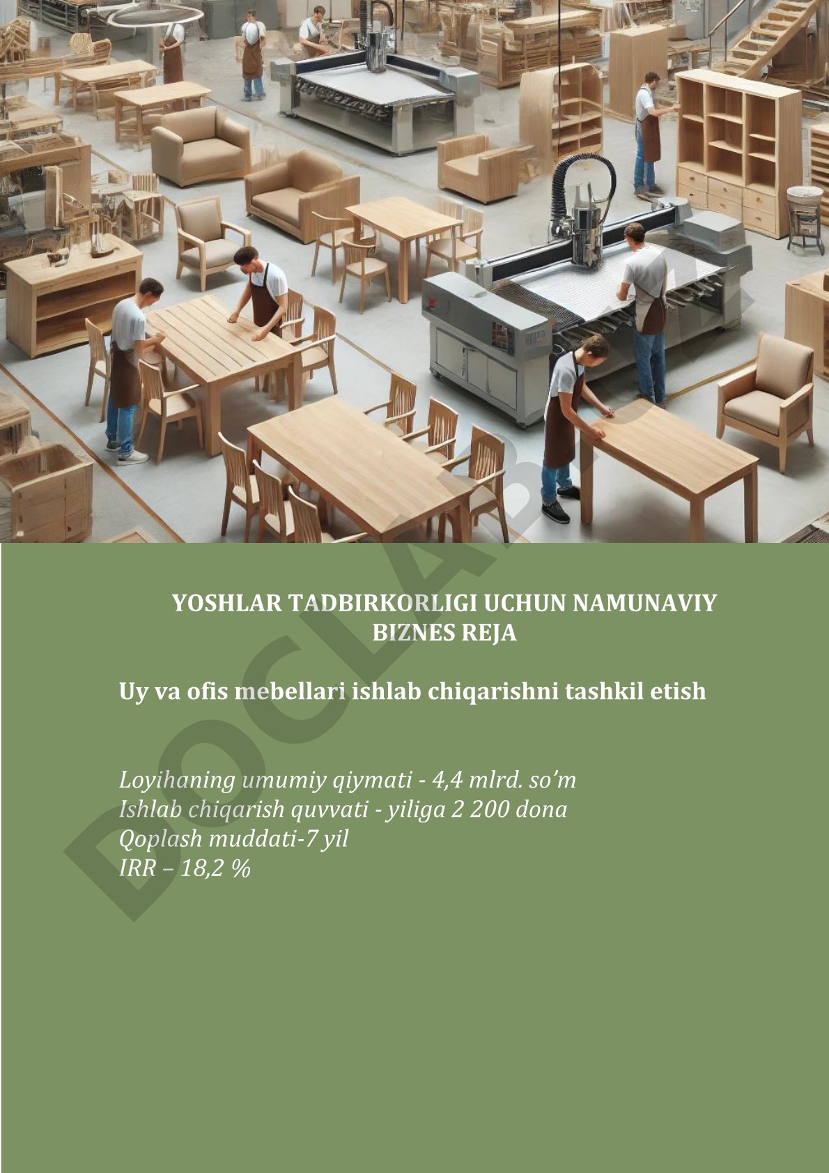 Yoshlar tadbirkorligi uchun namunaviy biznes reja - Uy va ofis mebellari ishlab chiqarishni tashkil etish