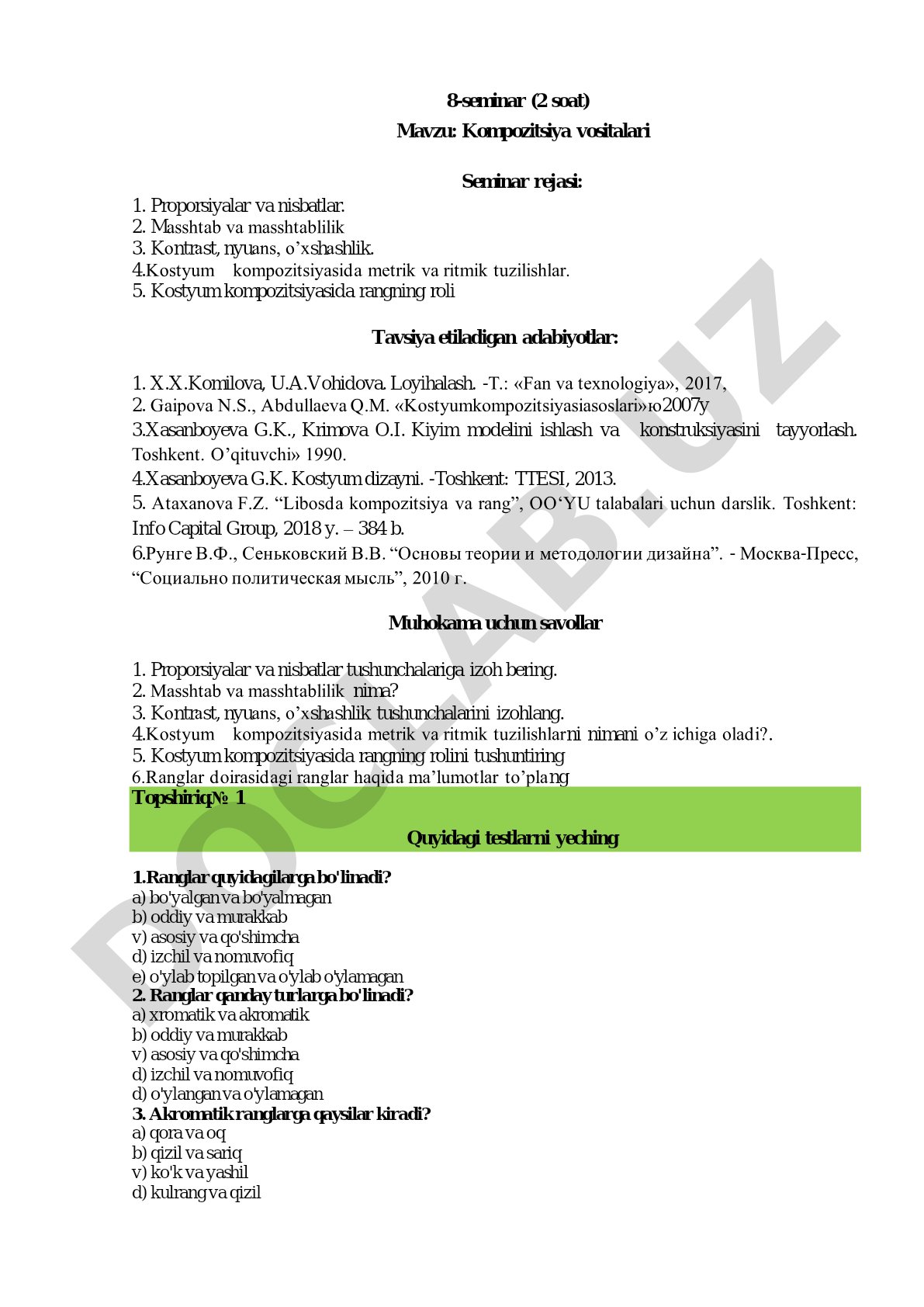 Seminar rejasi: proporsiyalar, masshtab, kontrast, ritm va rangning kostyum