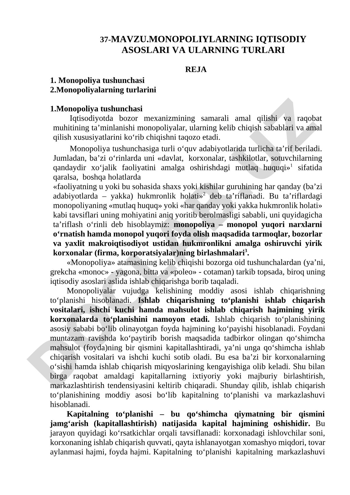 Monopoliyalarning iqtisodiy asoslari va ularning turlari