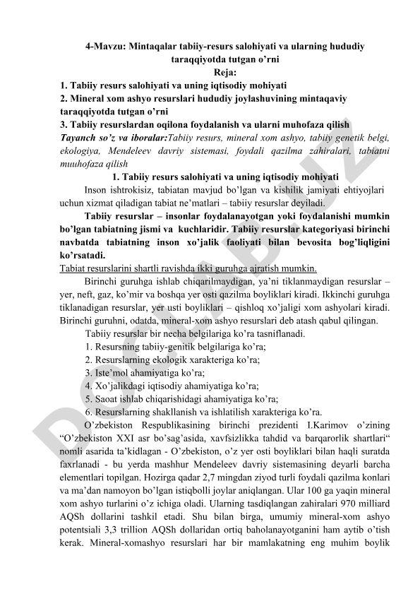 Mintaqalar tabiiy-resurs salohiyati va ularning hududiy taraqqiyotda tutgan o’rni