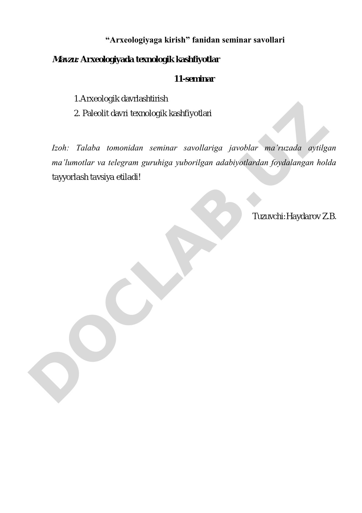 Arxeologiyada texnologik kashfiyotlar mavzusidagi seminar savollari