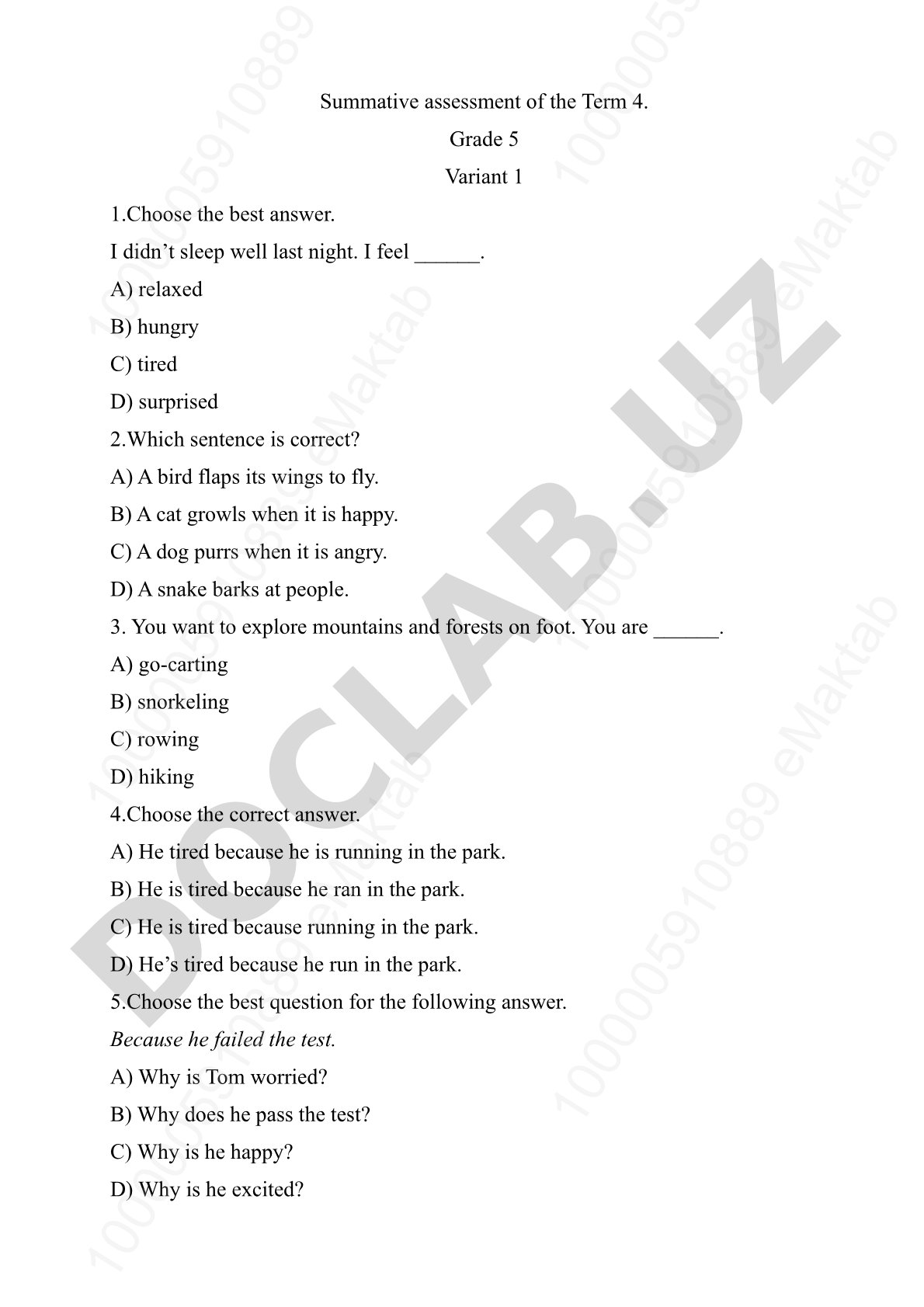 Grade 5 English Summative Assessment Term 4