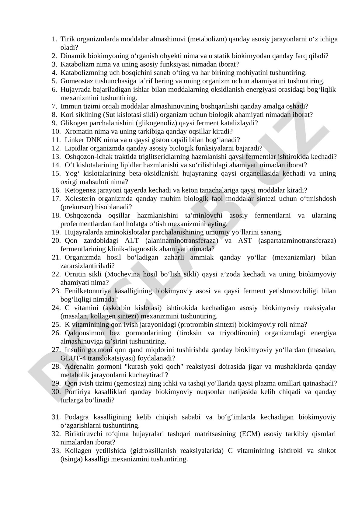 Biokimyoda moddalar almashinuvi bo'yicha savollar