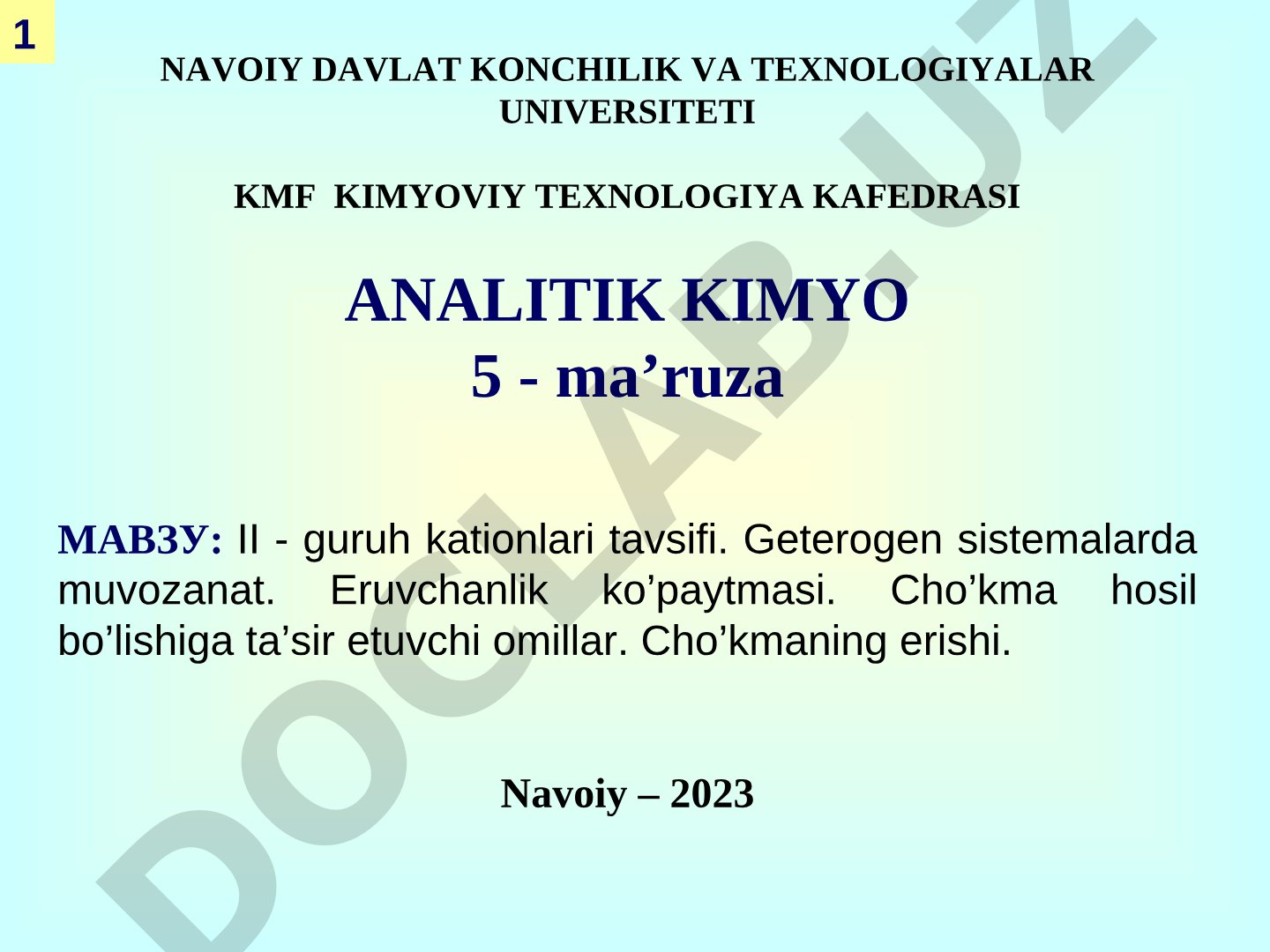 II - guruh kationlari tavsifi. Geterogen sistemalarda muvozanat. Eruvchanlik ko'paytmasi. Cho'kma hosil bo'lishiga ta'sir etuvchi omillar. Cho'kmaning erishi