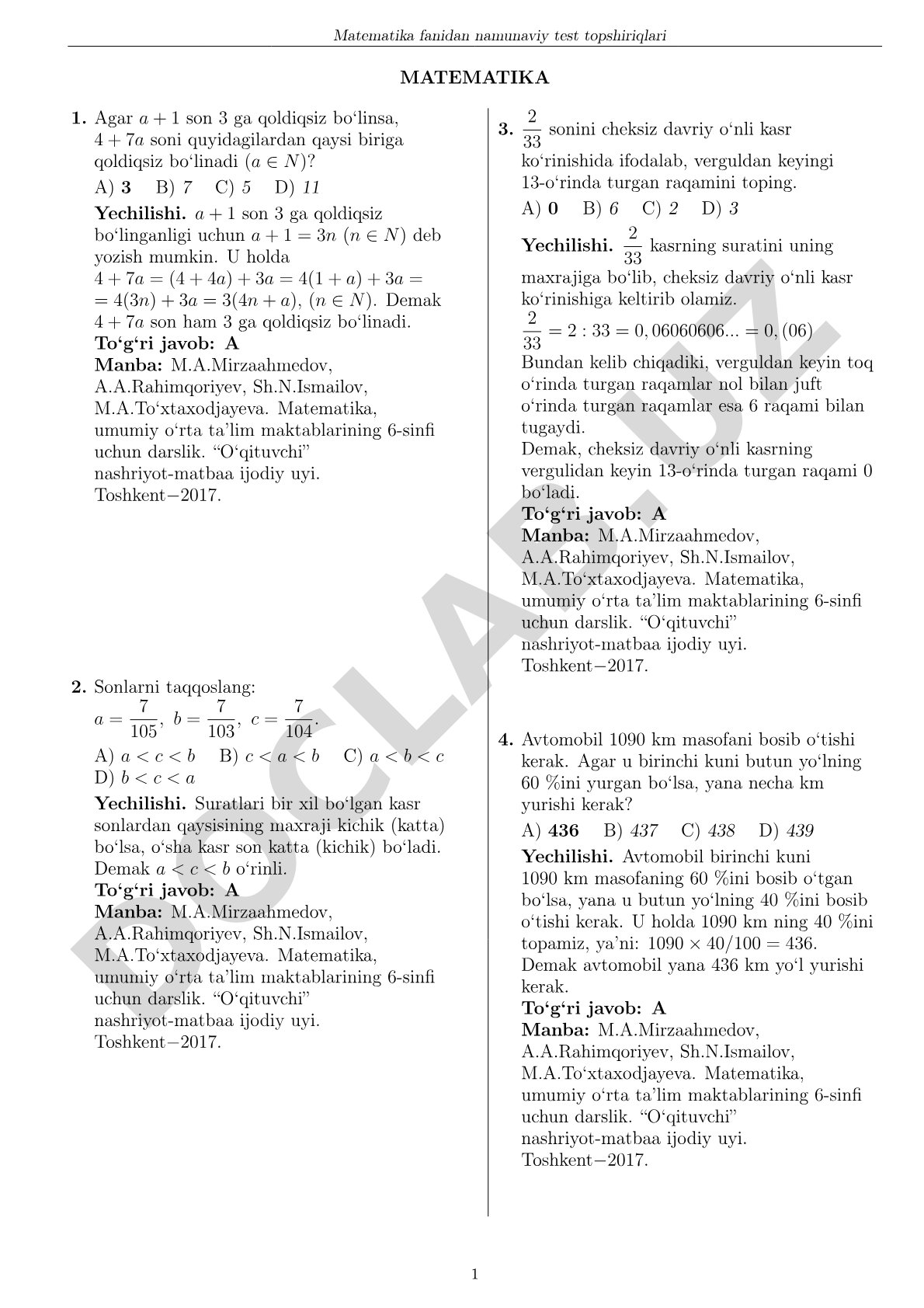 Matematika fanidan namunaviy test topshiriqlari