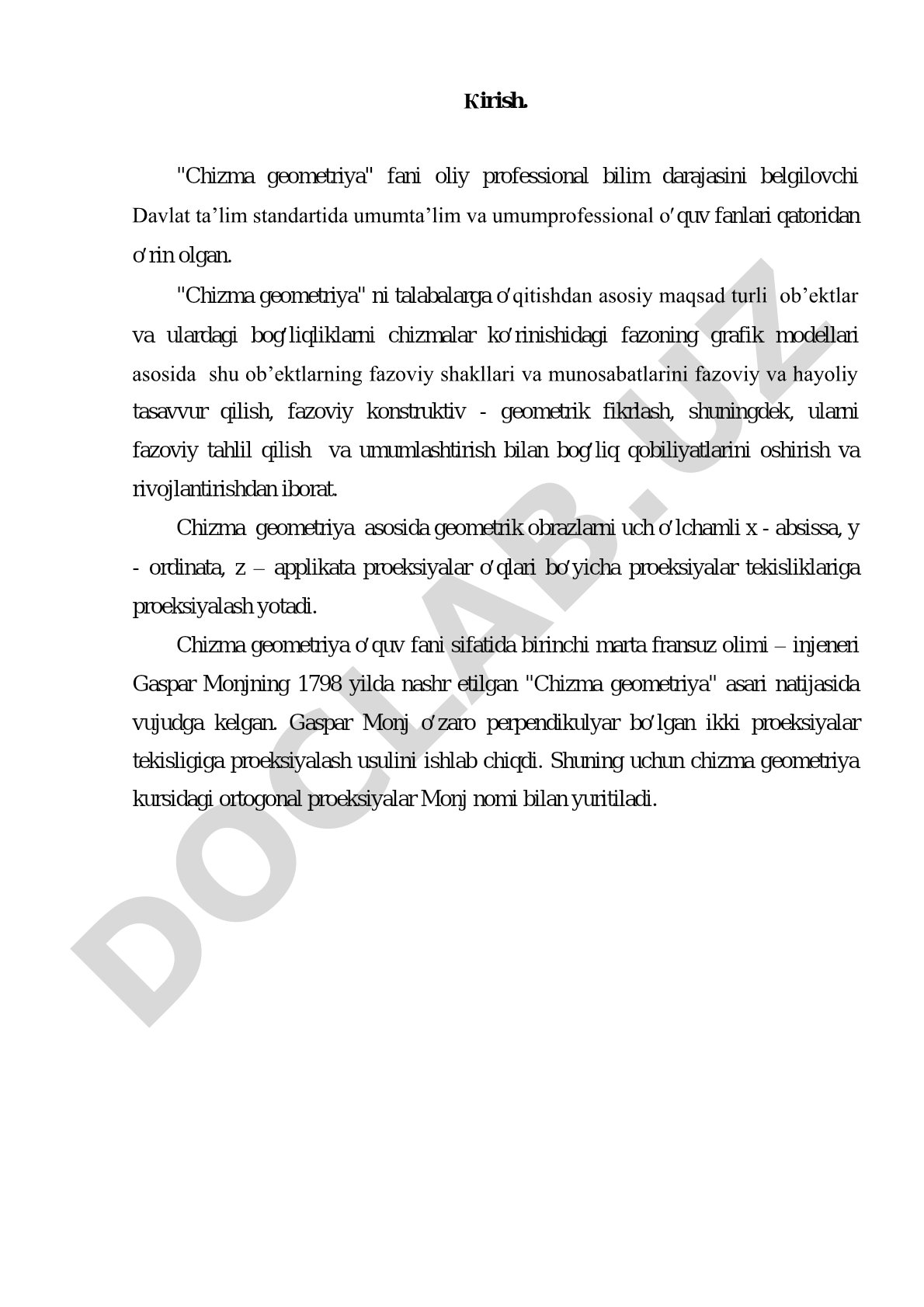 Chizma geometriya fani va uning vazifalari